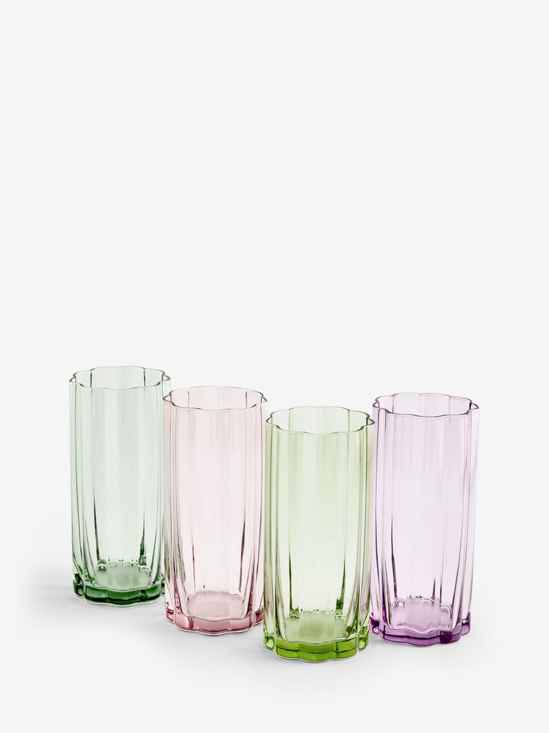 Set of four Freya tumbler glasses in green and pink, imported from the UK