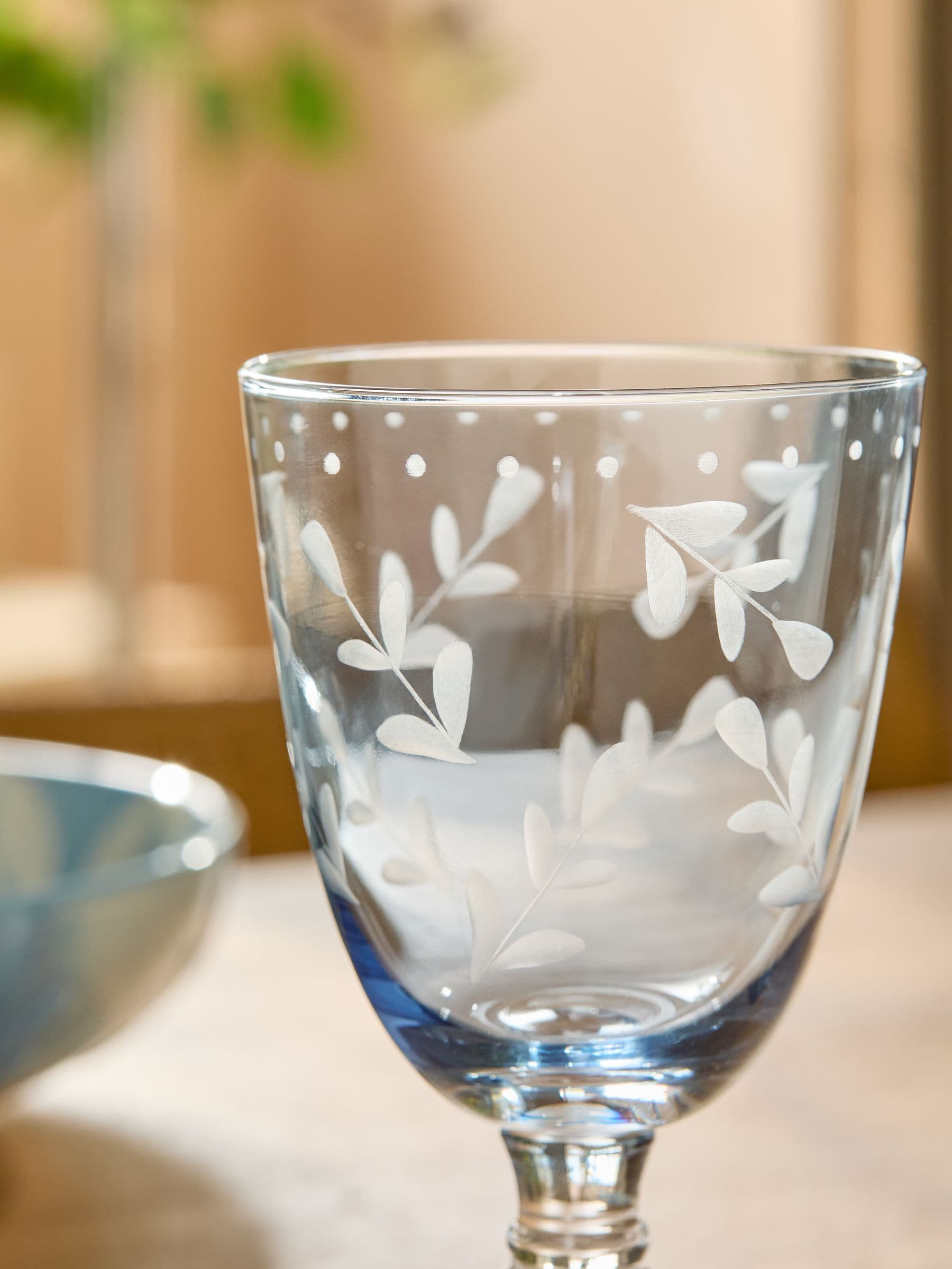 Blue Alice etched wine glasses set of two, imported from the UK