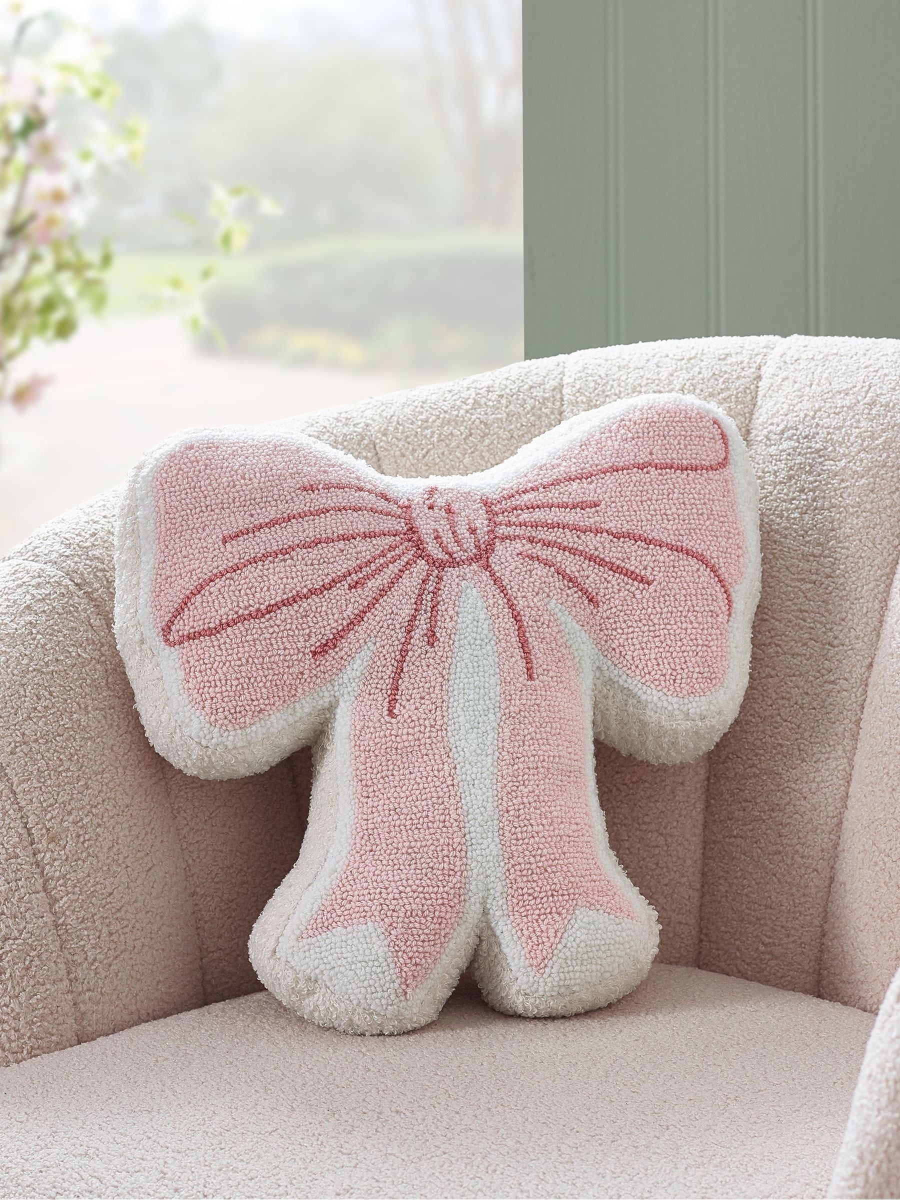 Catherine Lansfield pink bow boucle cushion 43x45cm - British product