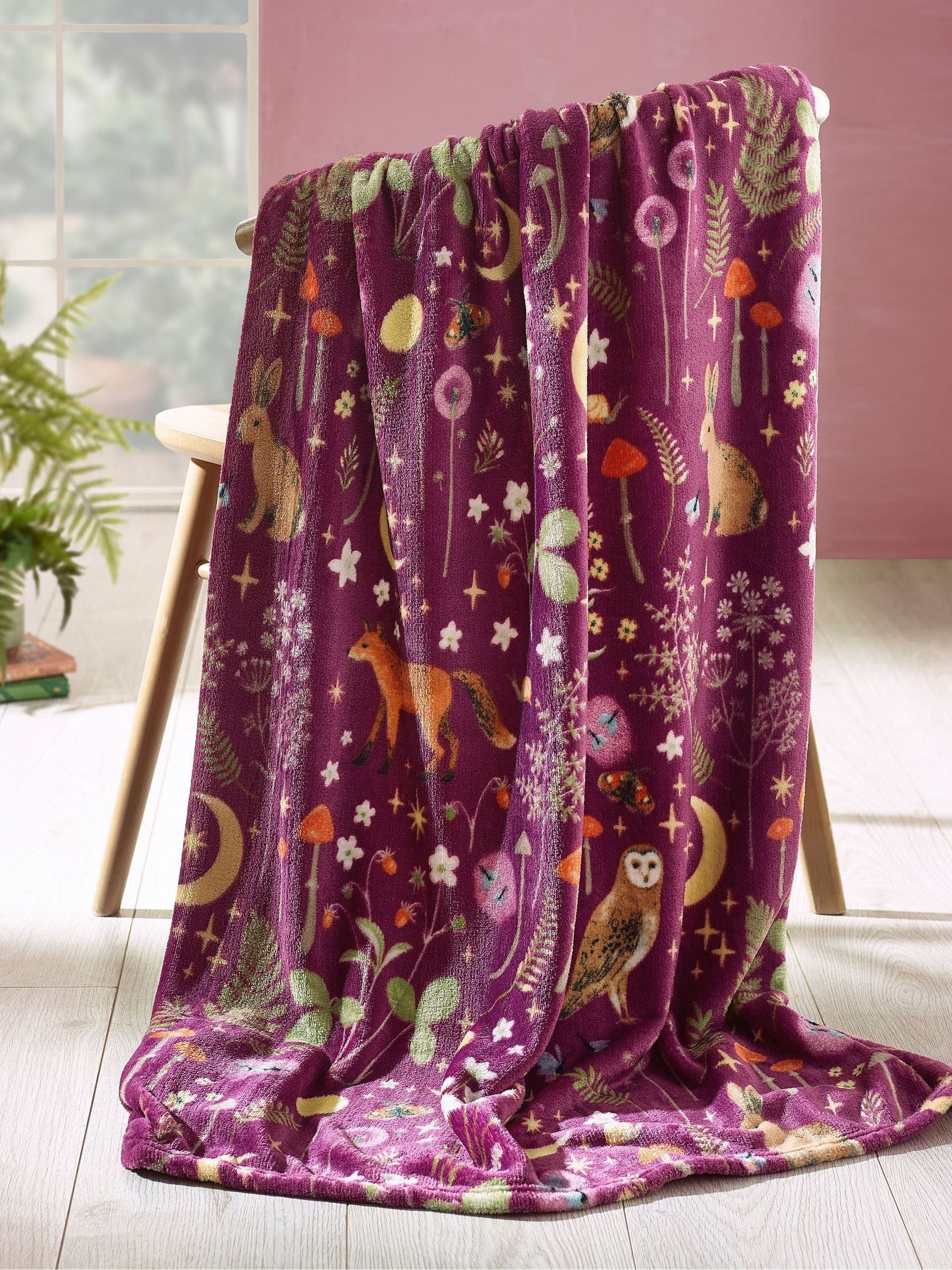 Catherine Lansfield Plum Enchanted Twilight Animals Cosy Blanket Throw