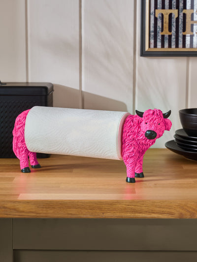 Porte-essuie-tout rose Hamish avec motif vache des Highlands
