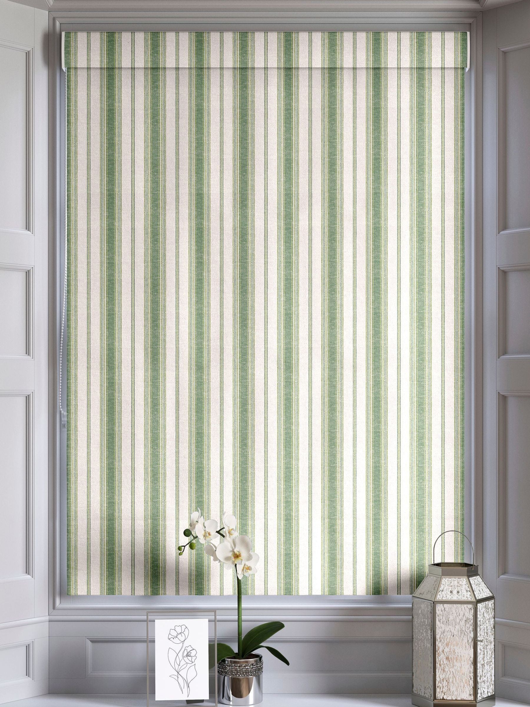 Green Balthica striped roman blind, imported from the UK