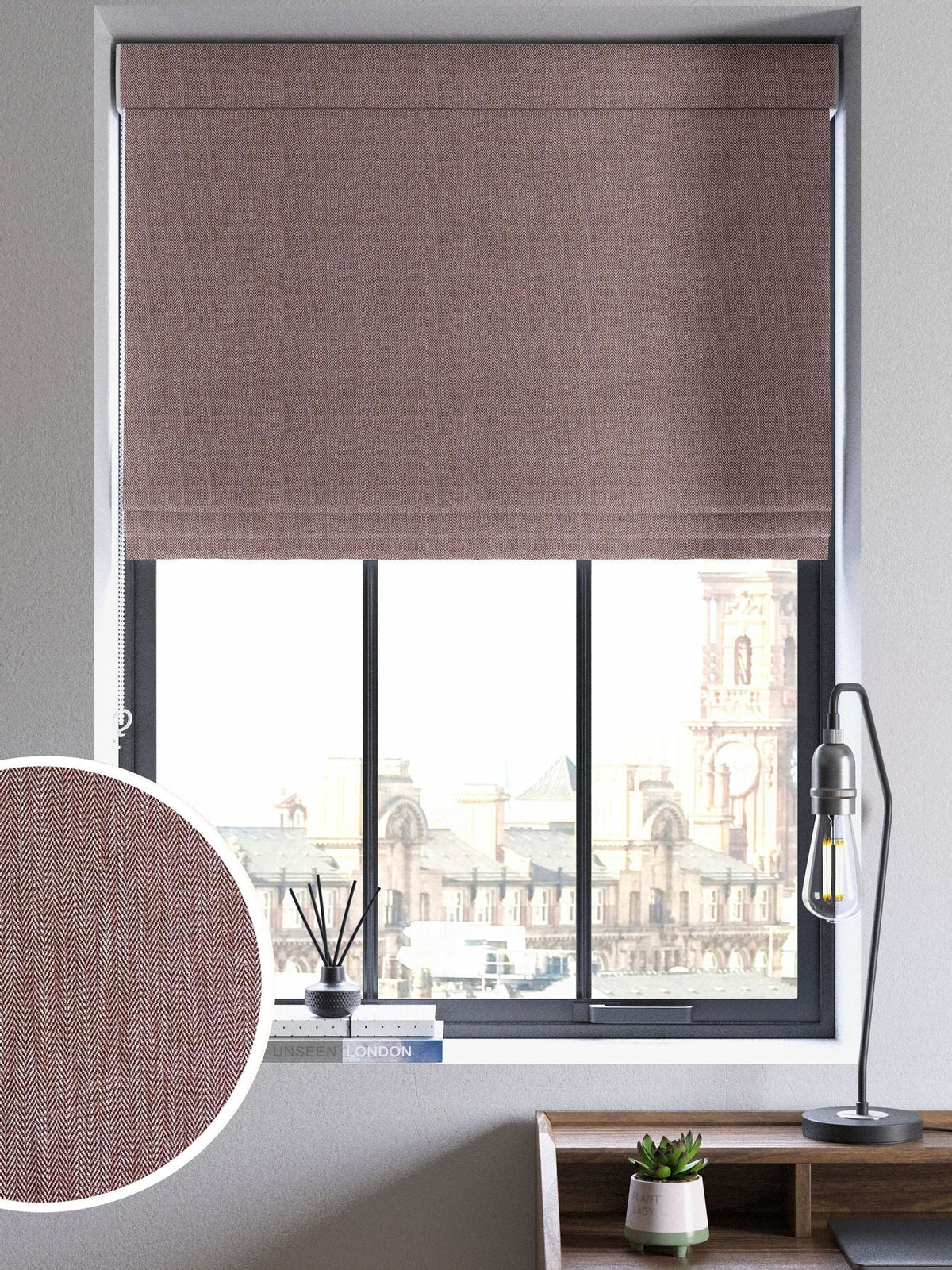 Red herringbone Roman blind made to measure, UK version