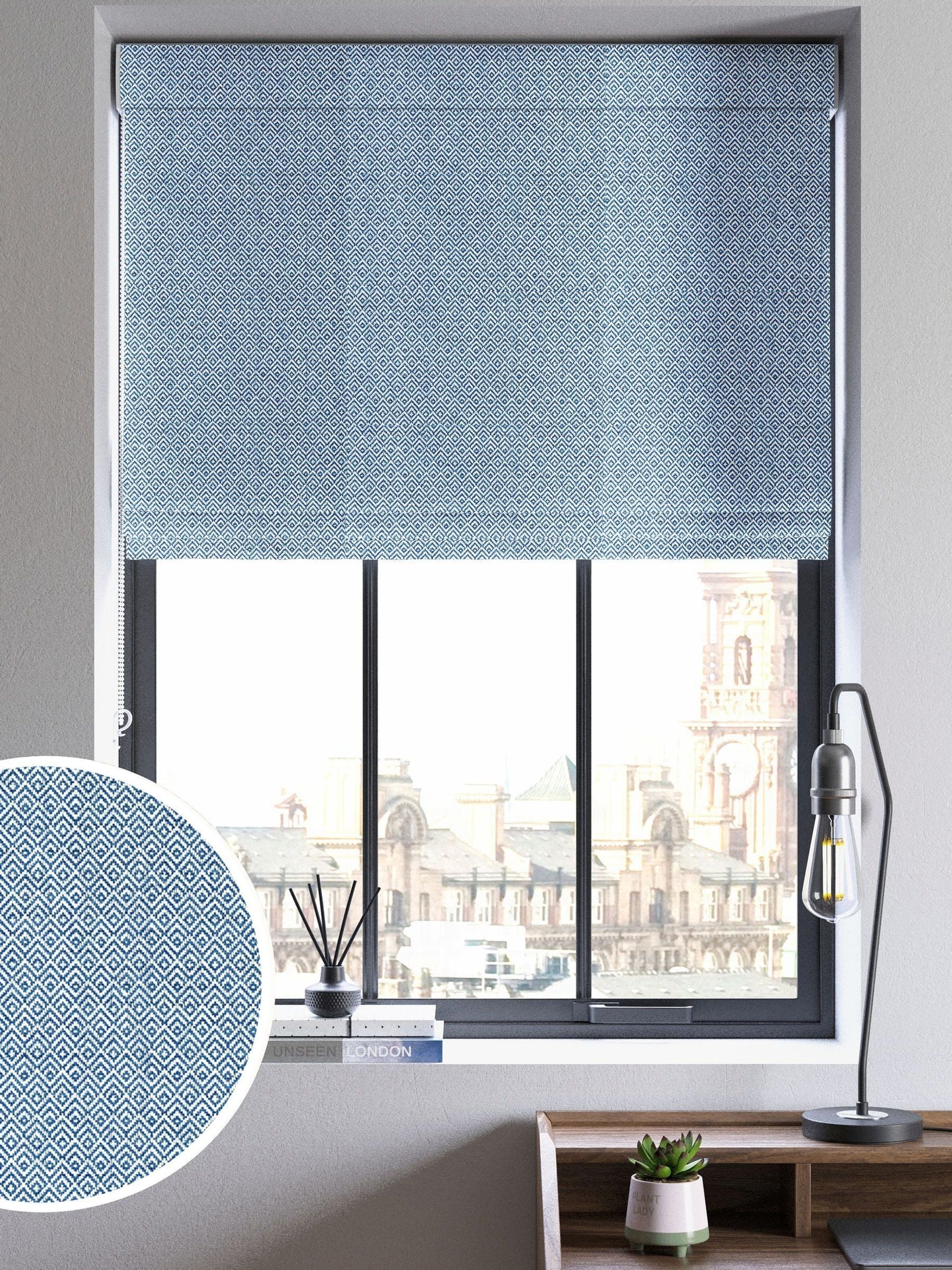 Blue Rhembo geometric jacquard roman blind, UK version