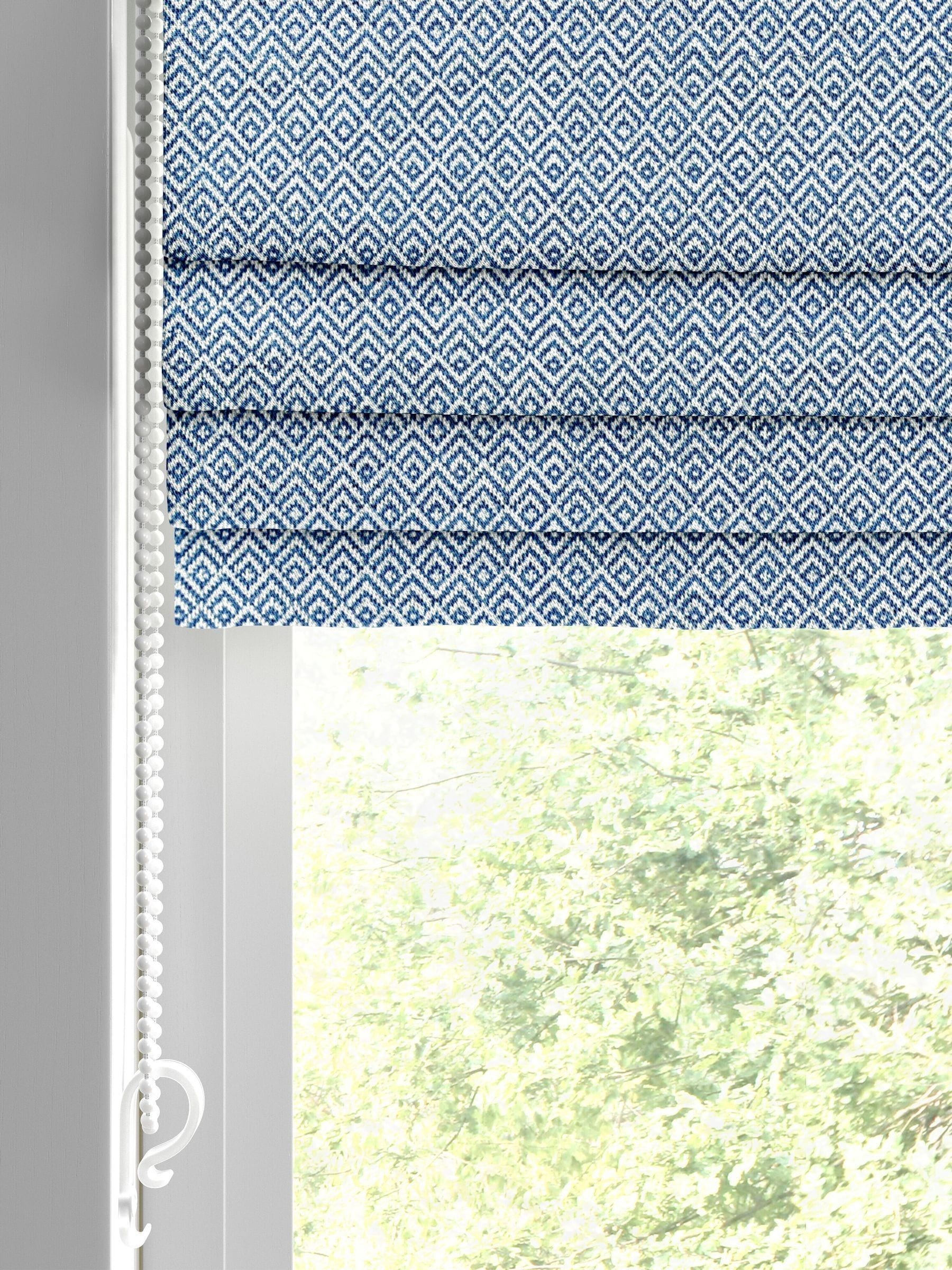 Blue Rhembo geometric jacquard roman blind, UK version