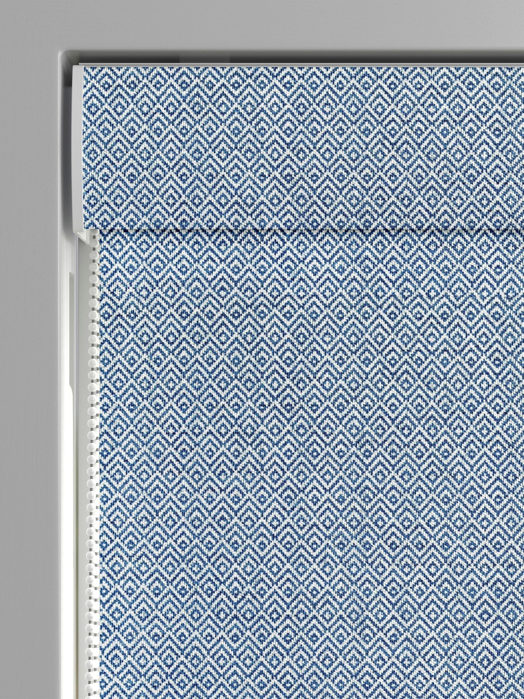 Blue Rhembo geometric jacquard roman blind, UK version