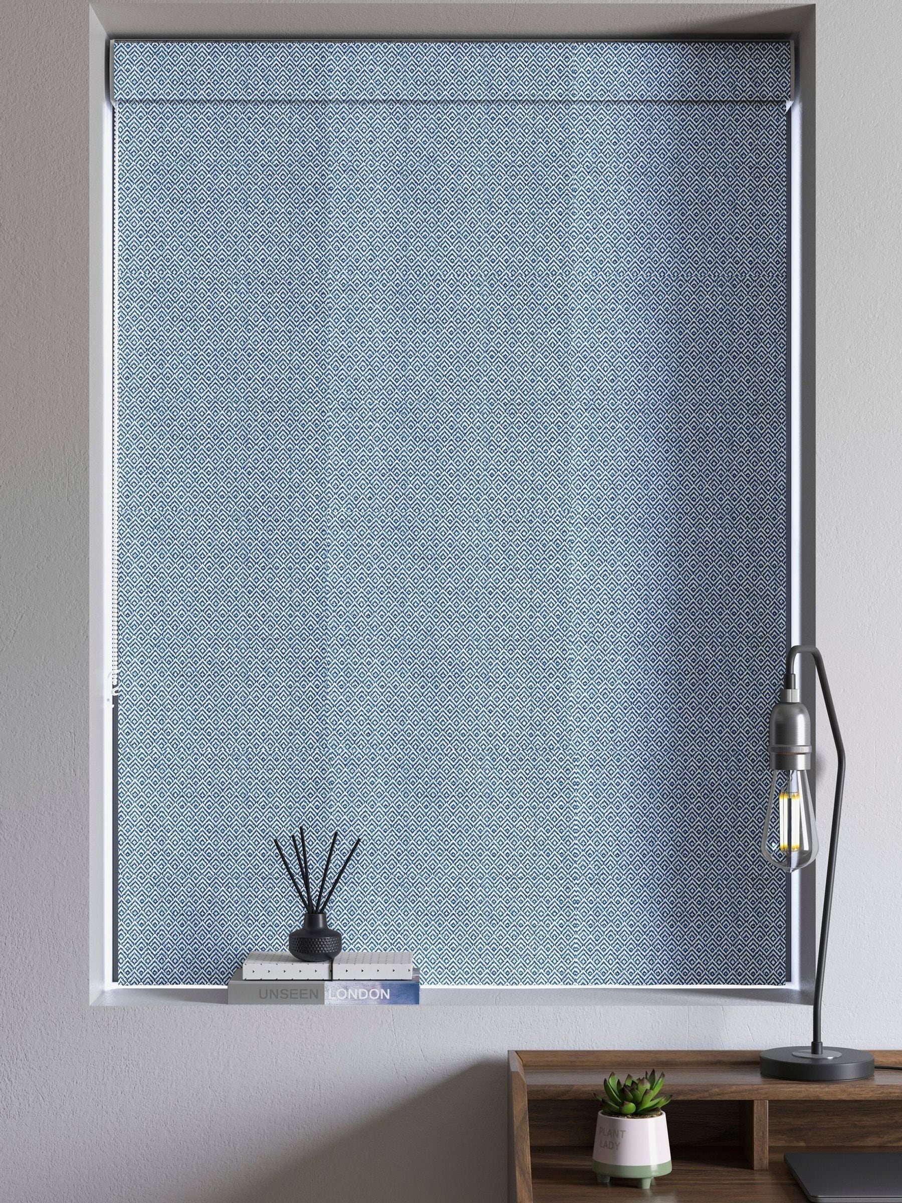 Blue Rhembo geometric jacquard roman blind, UK version