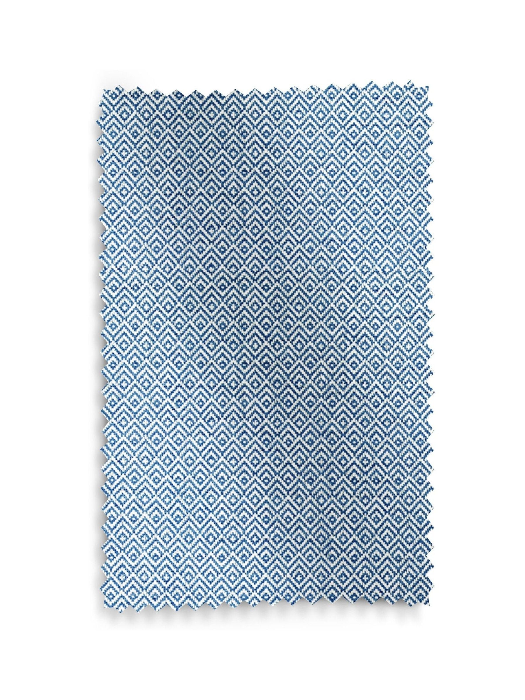 Blue Rhembo geometric jacquard roman blind, UK version