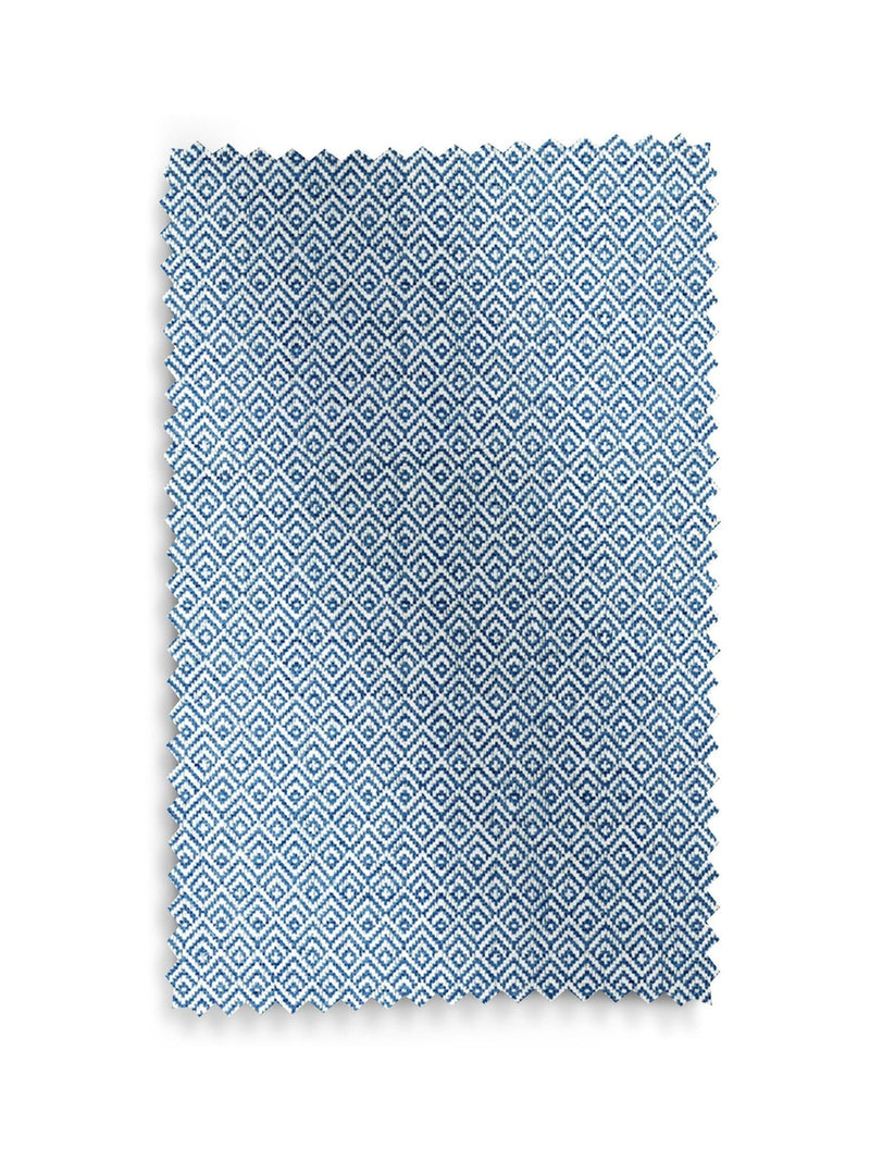 Blue Rhembo geometric jacquard roman blind, UK version