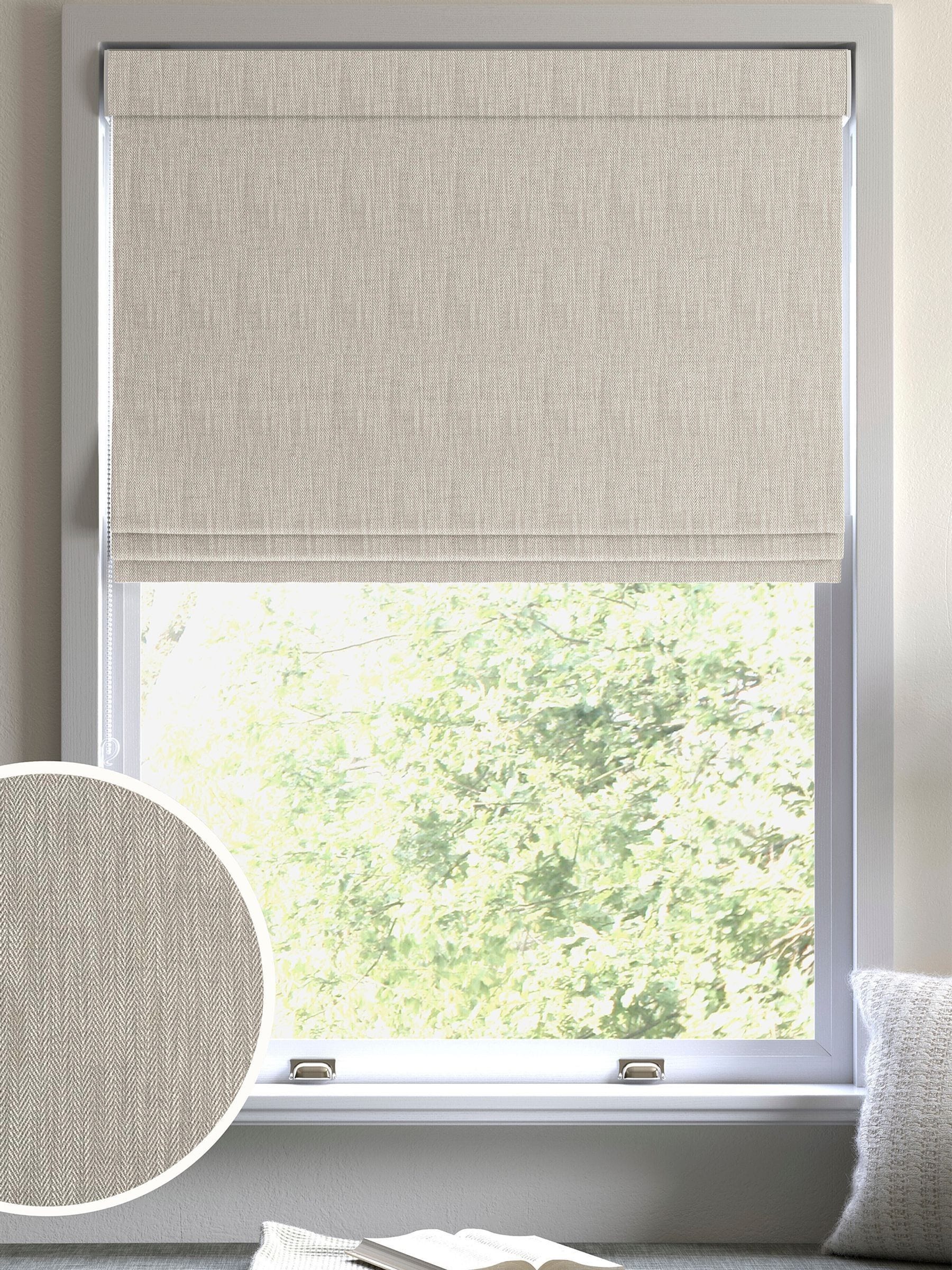 Grey knit roman blind herringbone pattern recycled polyester, imported from the UK
