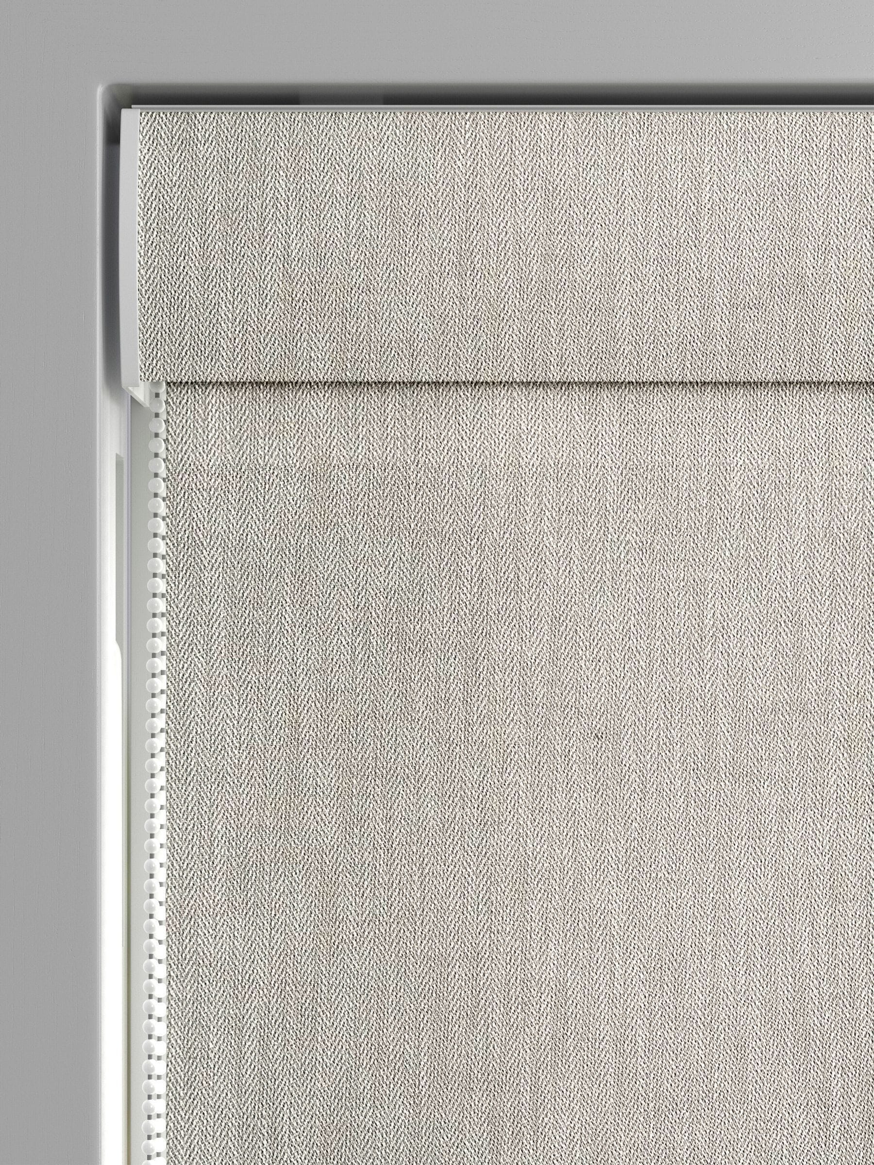 Grey knit roman blind herringbone pattern recycled polyester, imported from the UK