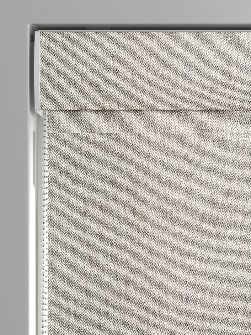 Grey knit roman blind herringbone pattern recycled polyester, imported from the UK