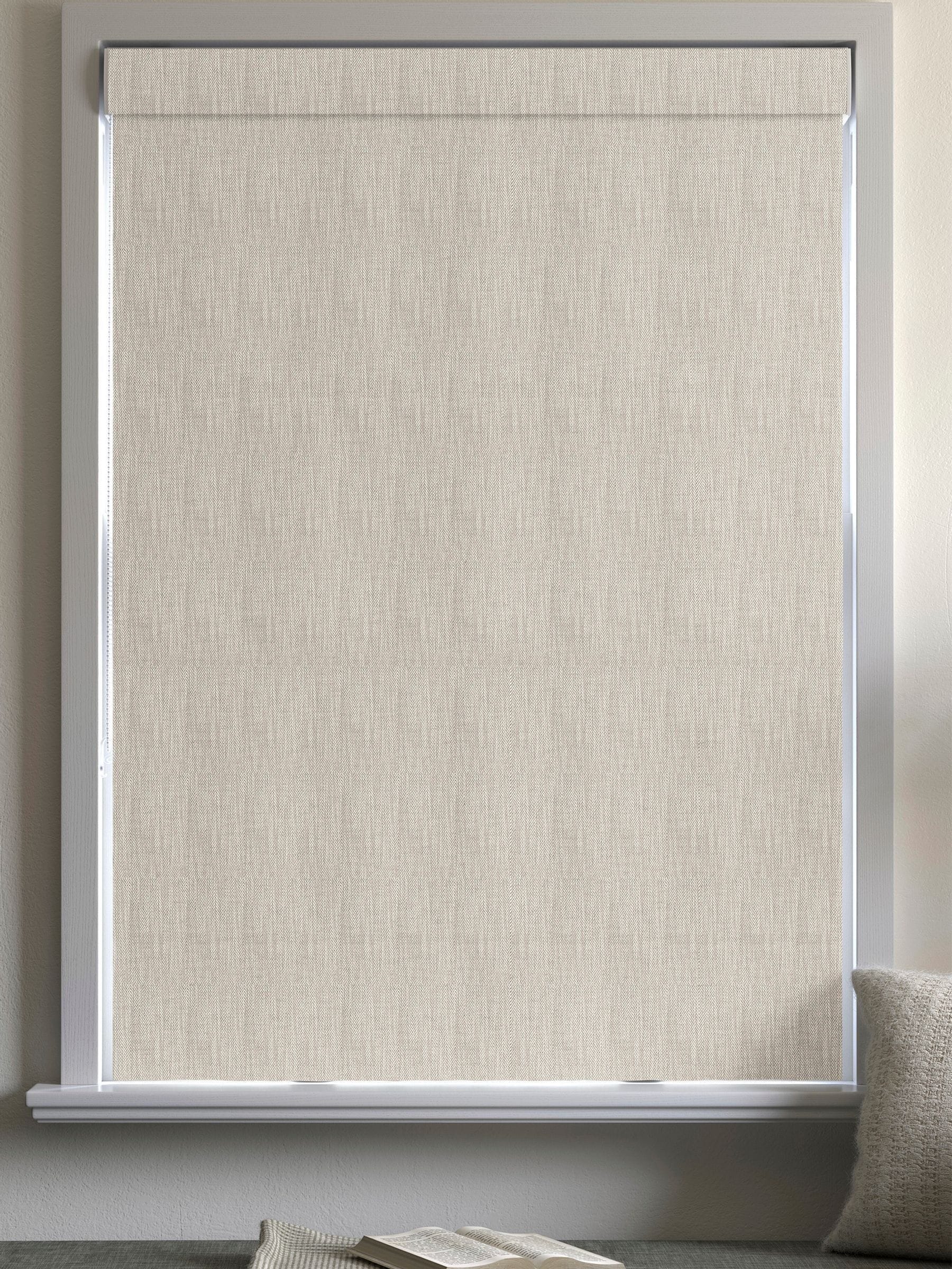 Grey knit roman blind herringbone pattern recycled polyester, imported from the UK