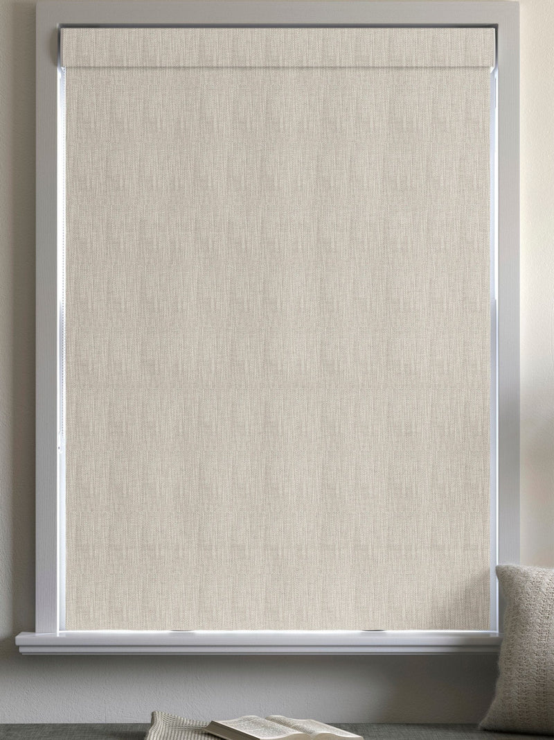 Grey knit roman blind herringbone pattern recycled polyester, imported from the UK