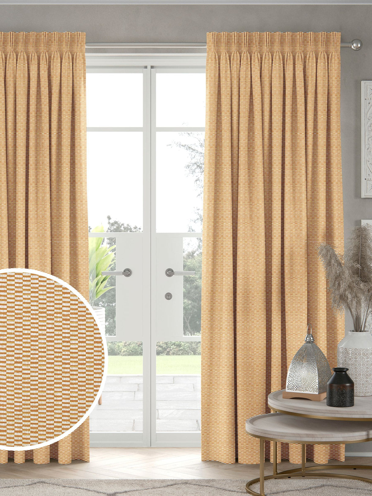 Orange Abaci geometric jacquard curtains made to measure, imported from the UK
