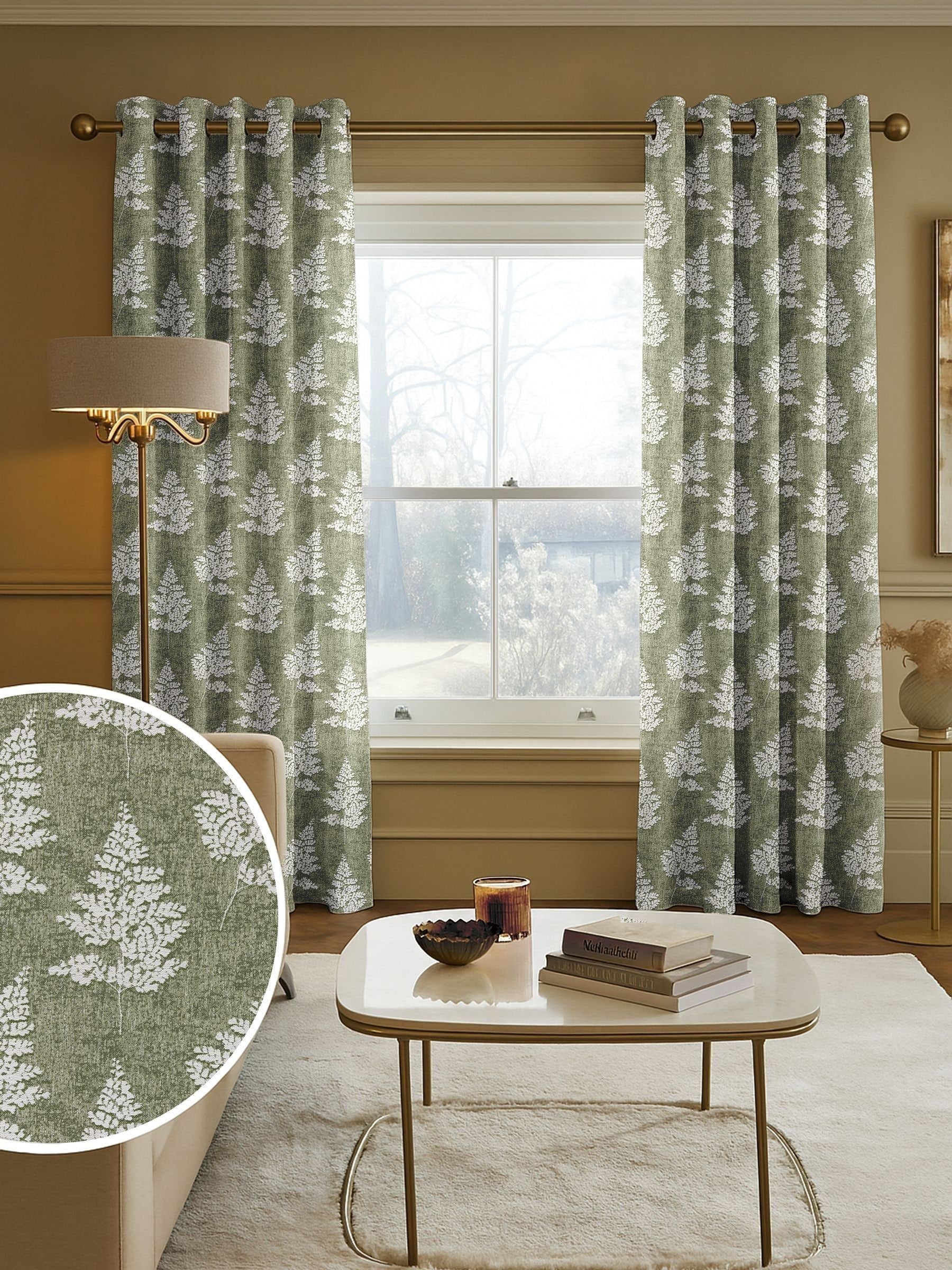 Midori green floral jacquard curtains - British product