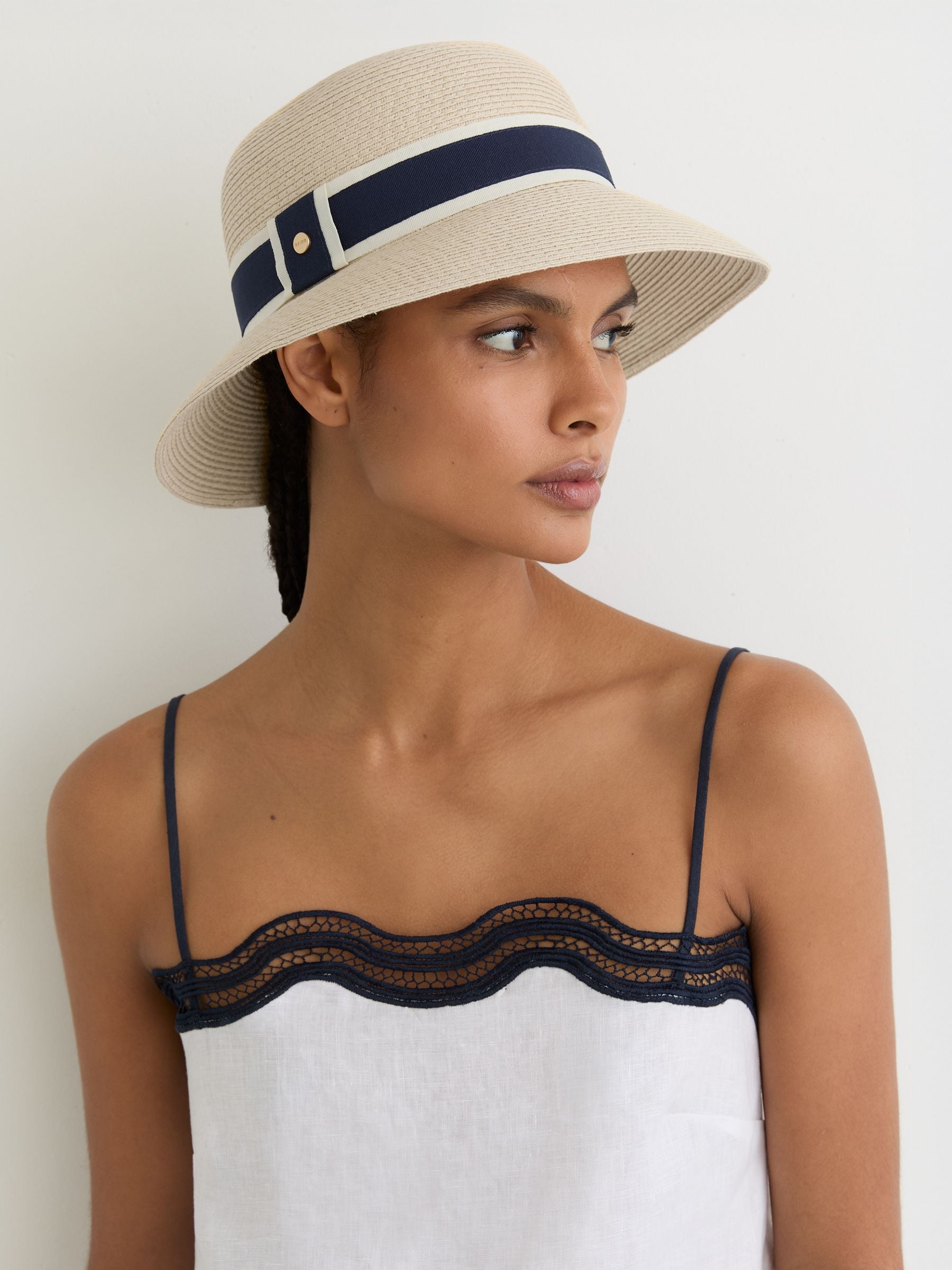 Reiss Natural Cindy Ribbon-Trim Straw-Effect Hat