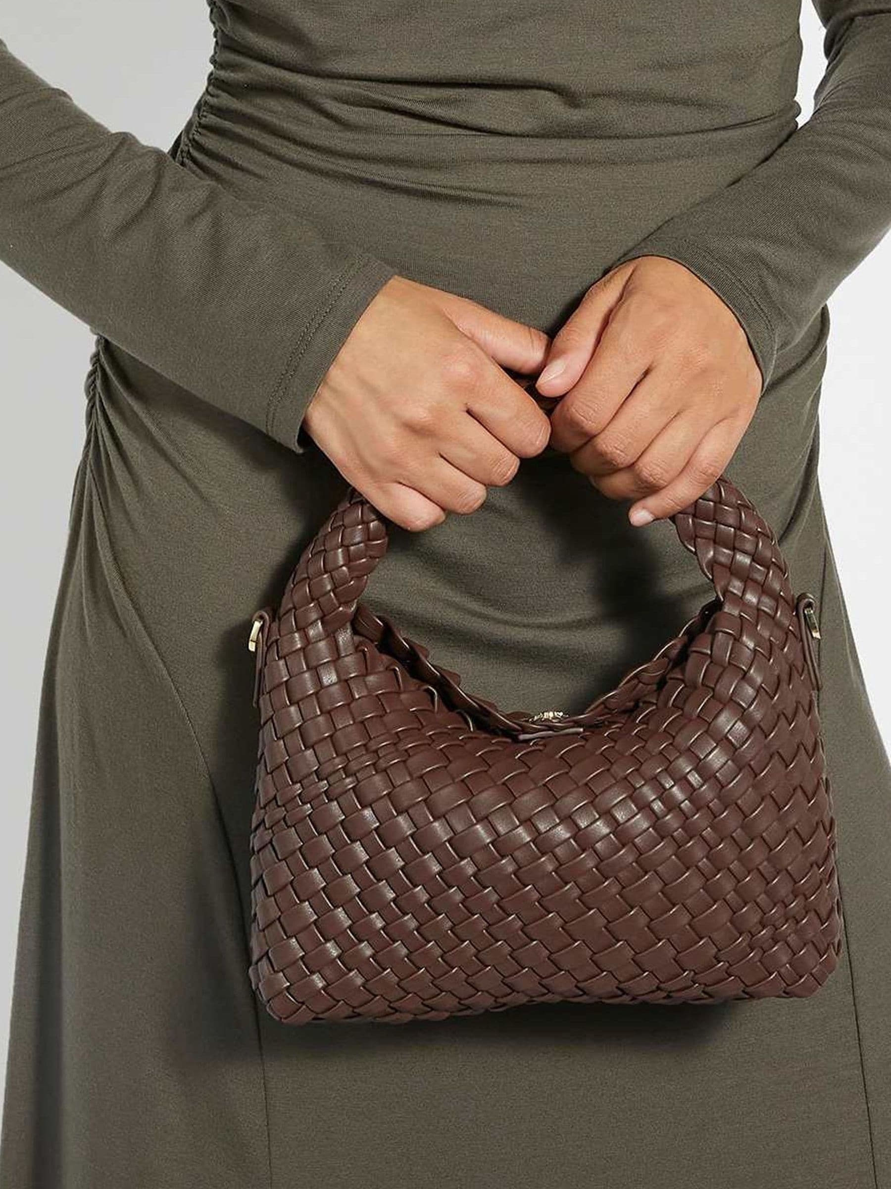 Dune London mini woven slouch bag dark brown, UK version