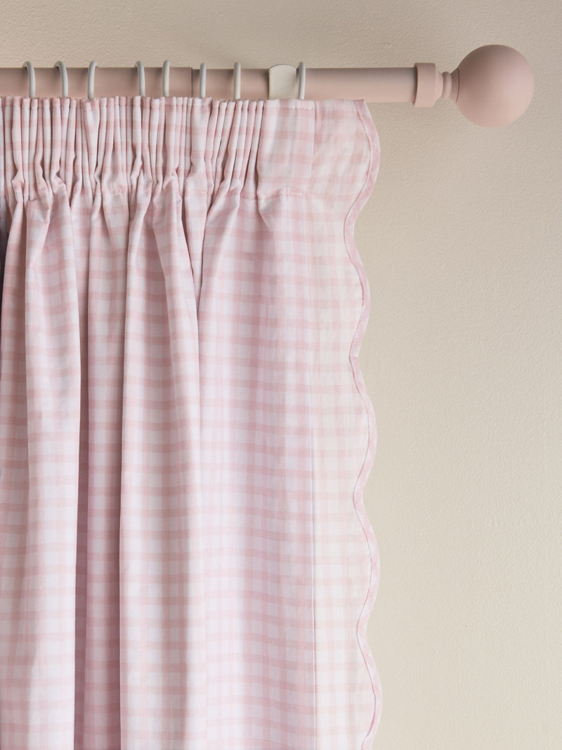 Pink wave edge gingham blackout curtains with pencil pleat header - British product