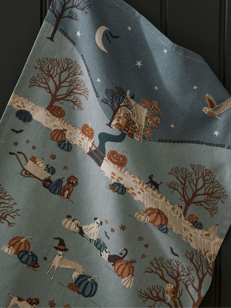 Sophie Allport Soft Teal Paws & Pumpkins Scene Tea Towel