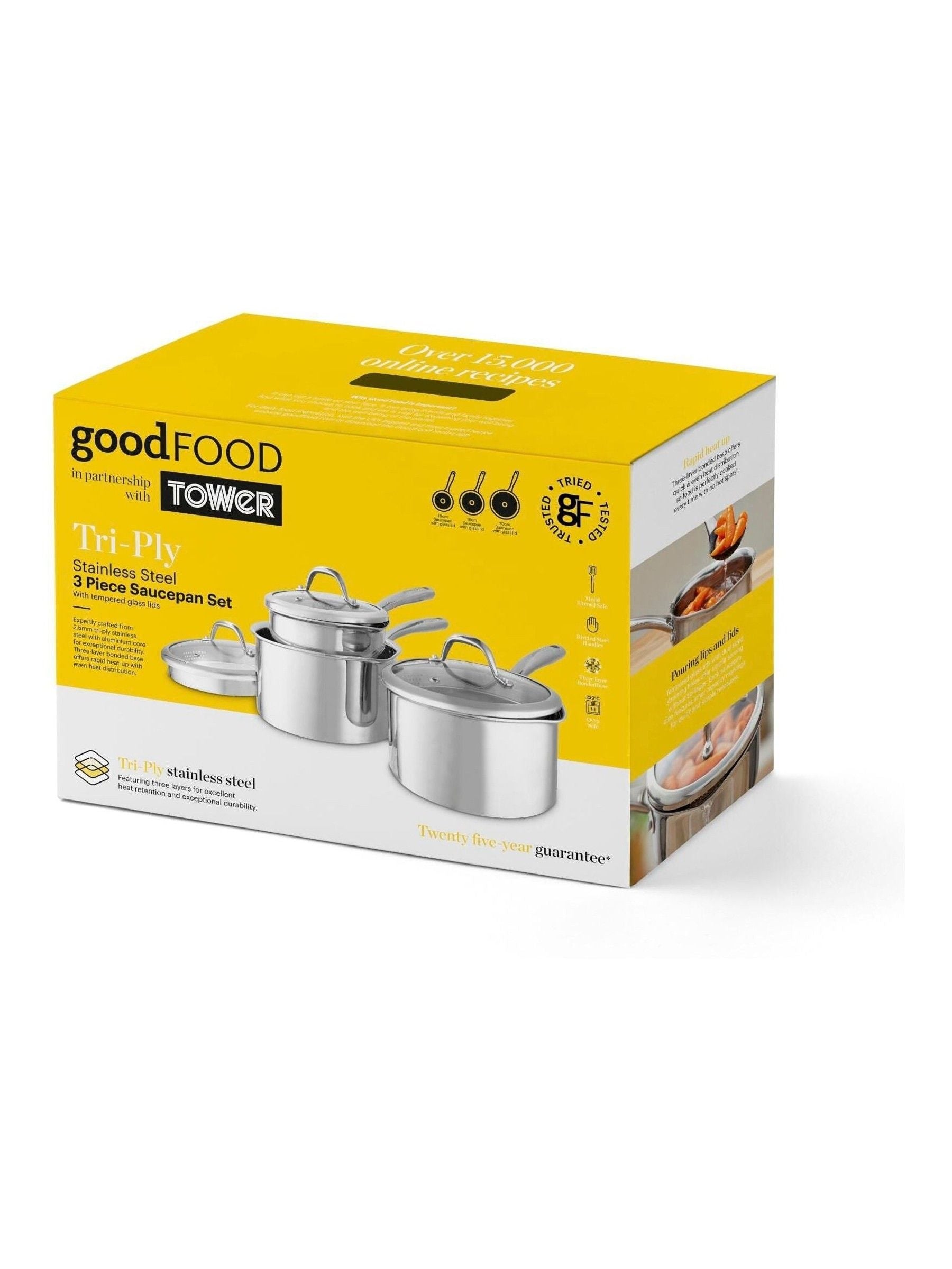 Good Food 3 piece tri-ply stainless steel saucepan set, imported from the UK