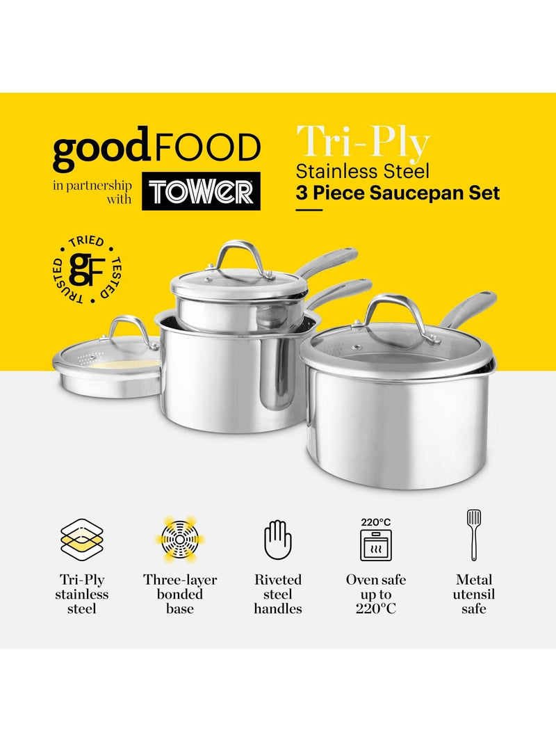 Good Food 3 piece tri-ply stainless steel saucepan set, imported from the UK