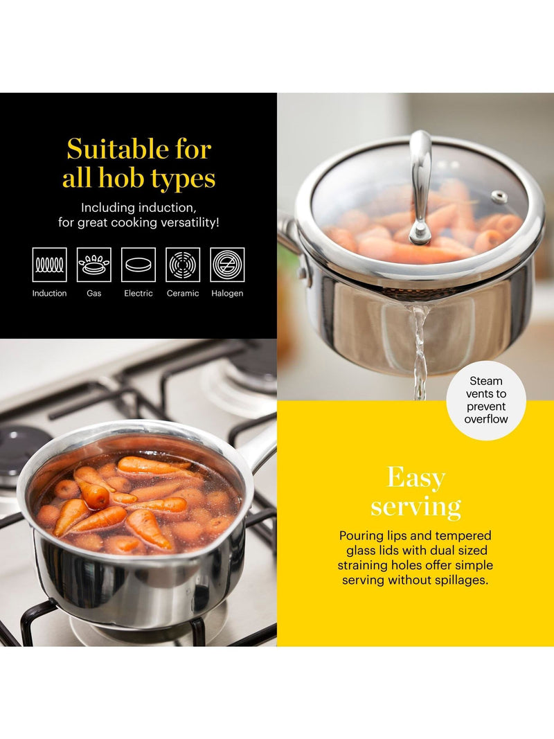 Good Food 3 piece tri-ply stainless steel saucepan set, imported from the UK