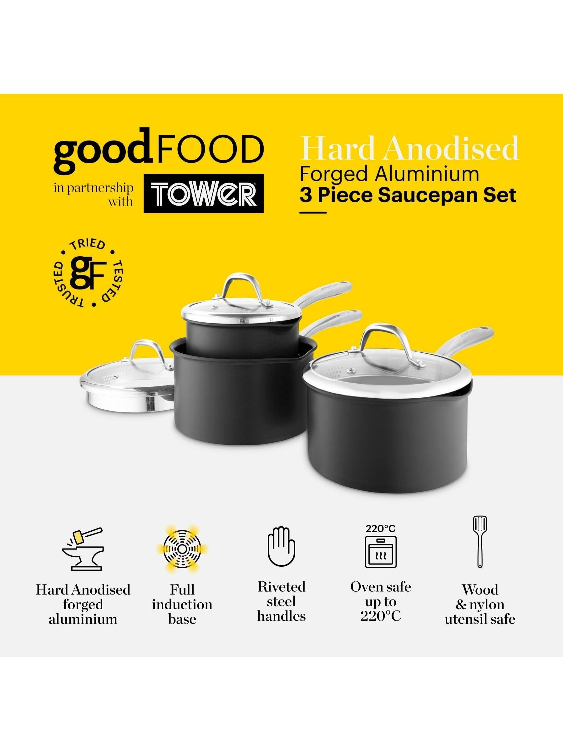 Good Food grey saucepan set 3-piece, UK version