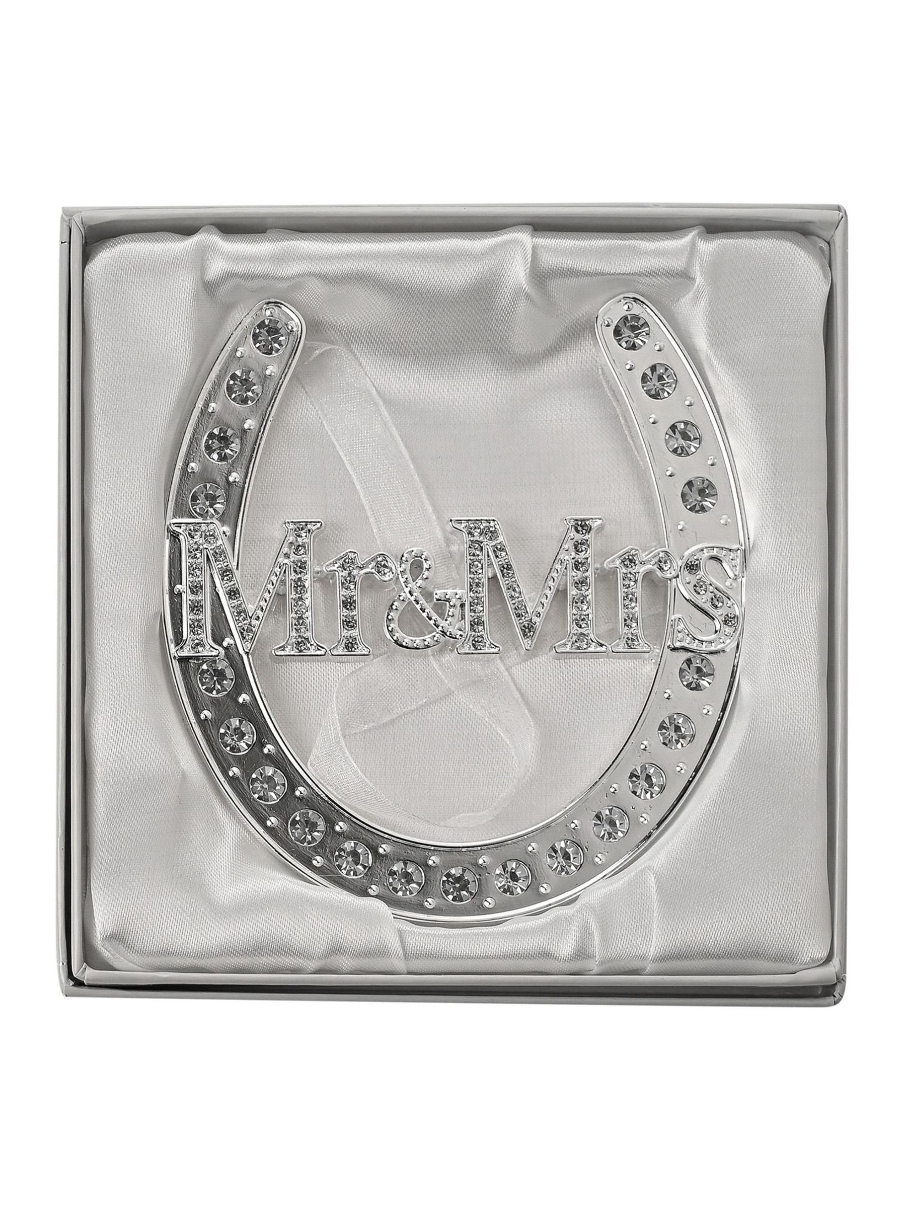 Widdop Silver wedding horseshoe with crystals and Mr Mrs motif (British brand)