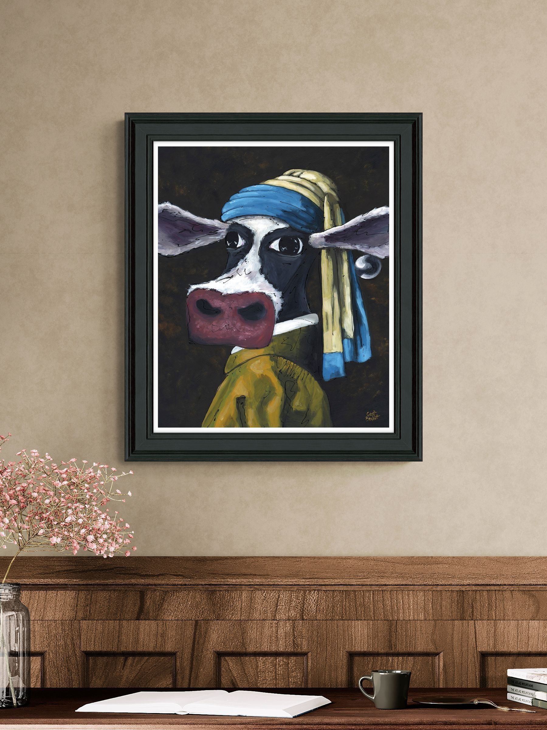 Artko Black Cow With A Pearl Earring By Geoff Beckett Framed Art