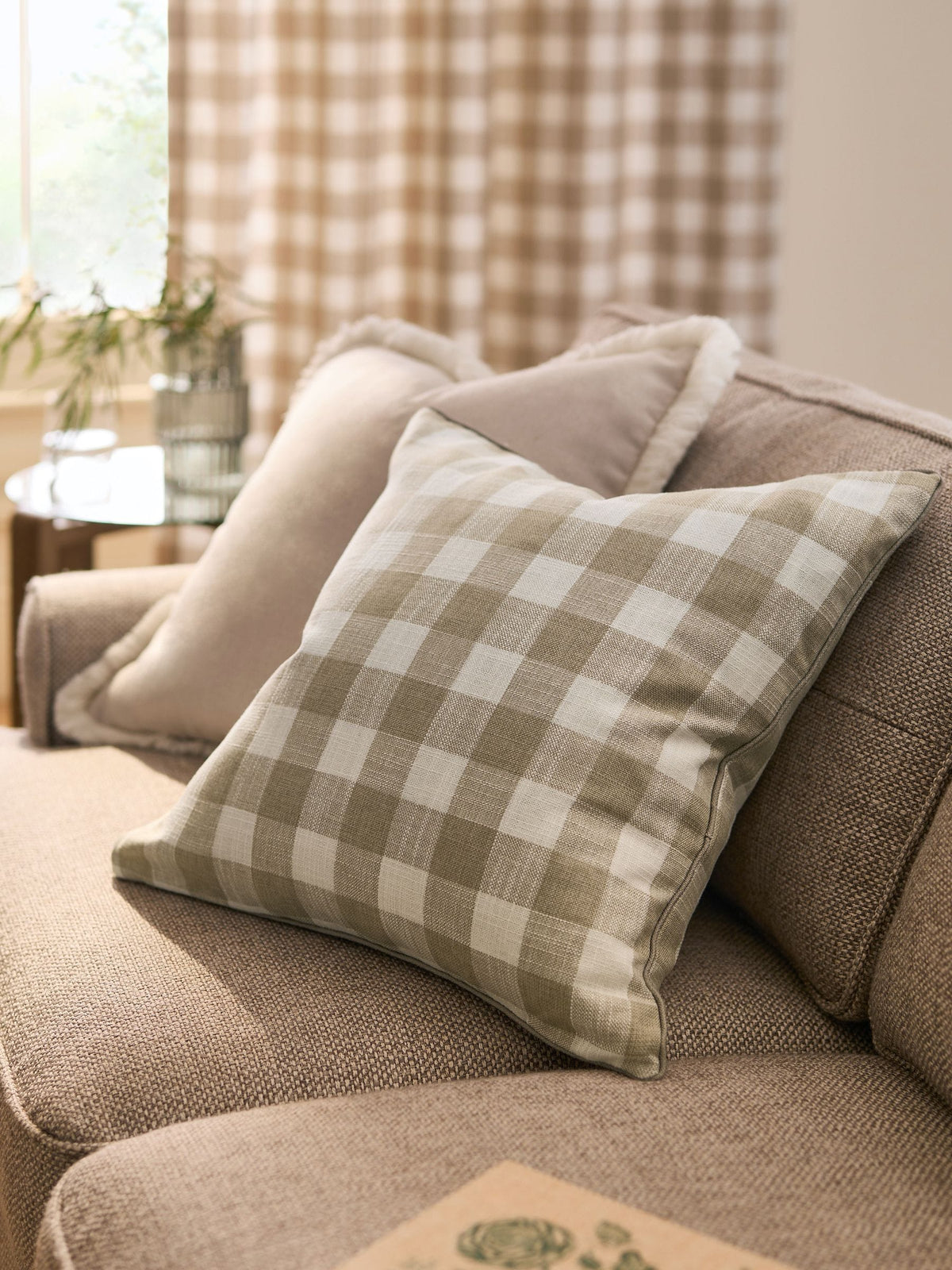 Natural woven gingham check cushion 50cm (British brand)