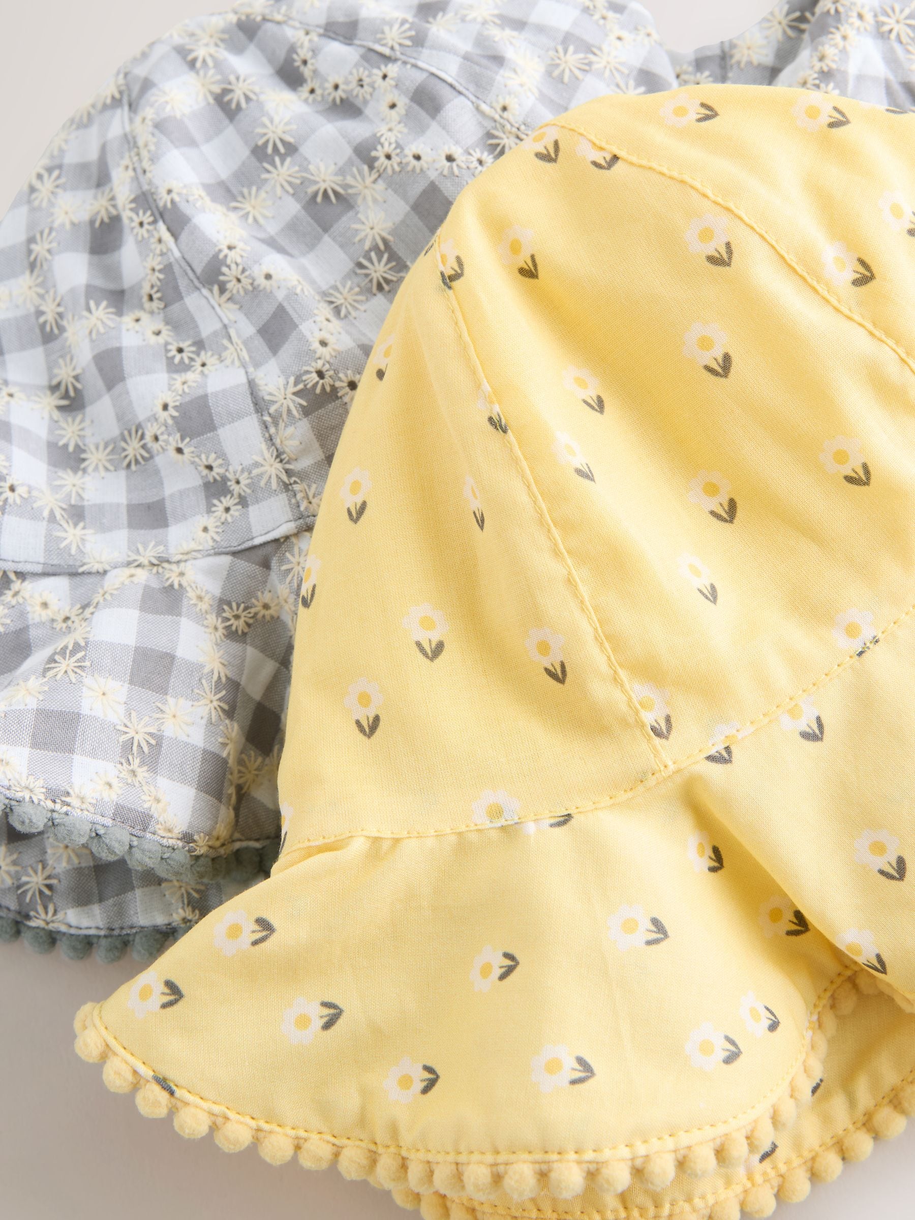 Baby bucket hats 2 pack yellow floral grey gingham, UK version