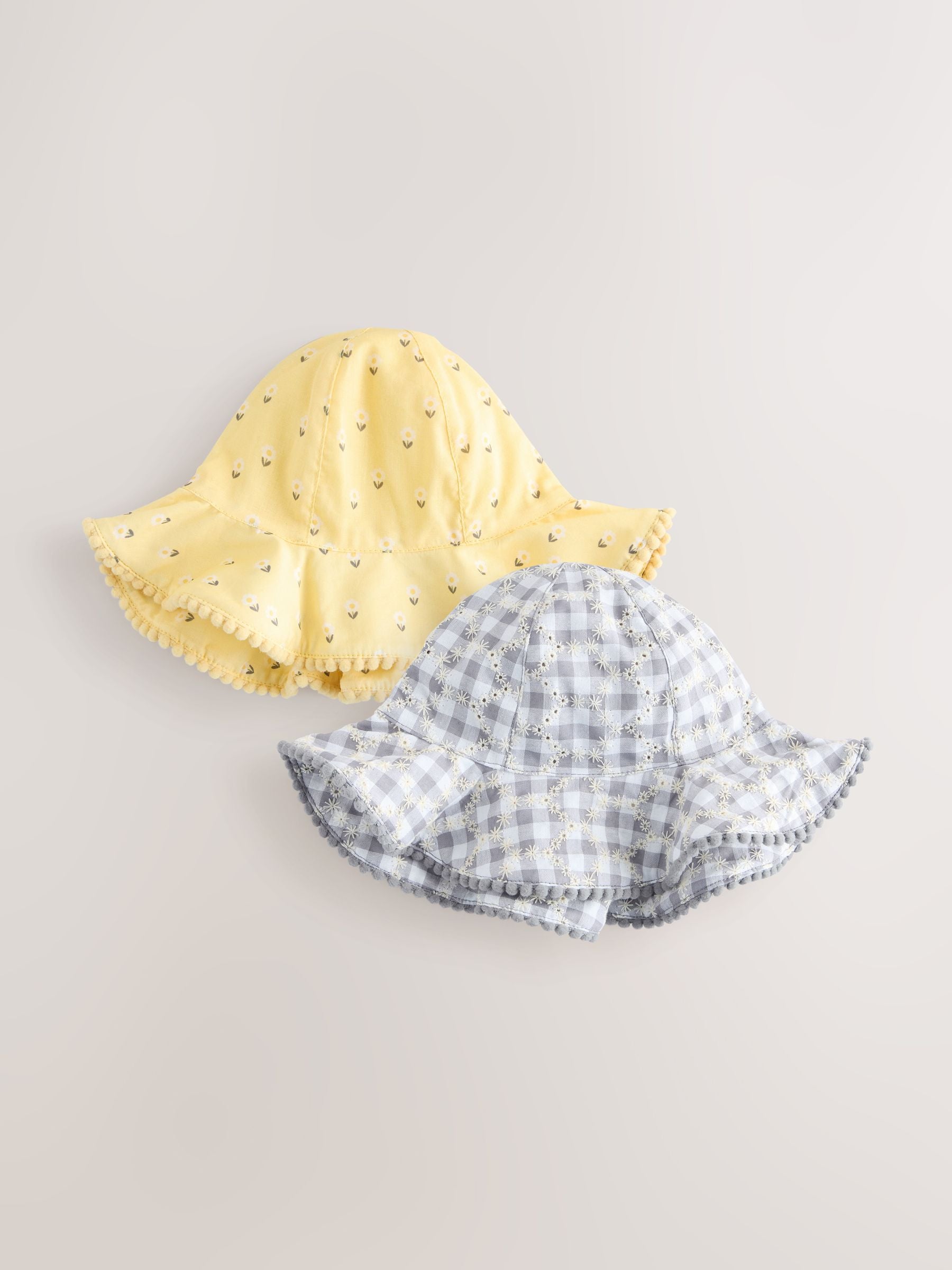 Baby bucket hats 2 pack yellow floral grey gingham, UK version