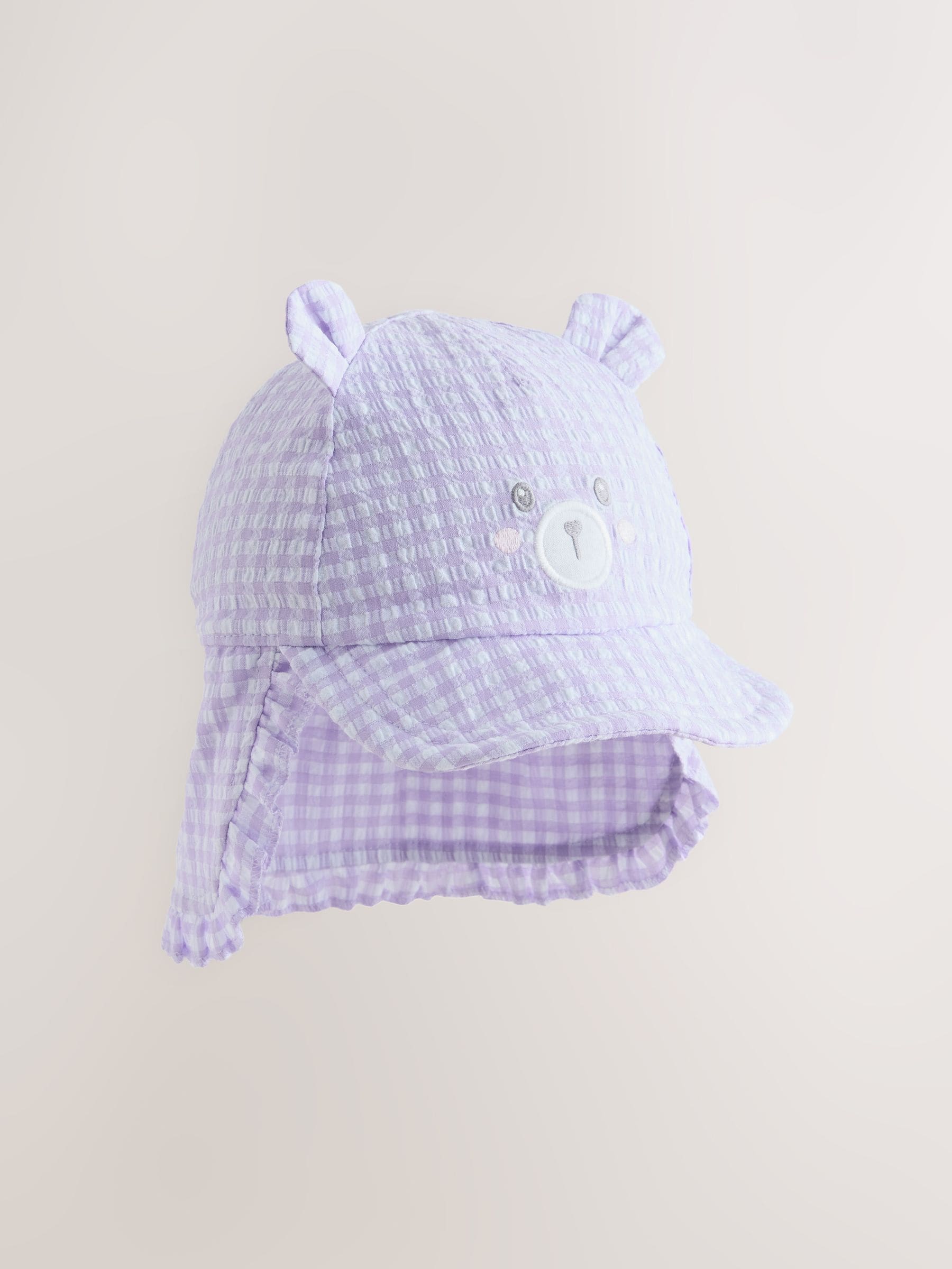 Purple gingham legionnaire baby hat with embroidered bear, imported from the UK