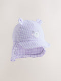 Purple gingham legionnaire baby hat with embroidered bear, imported from the UK