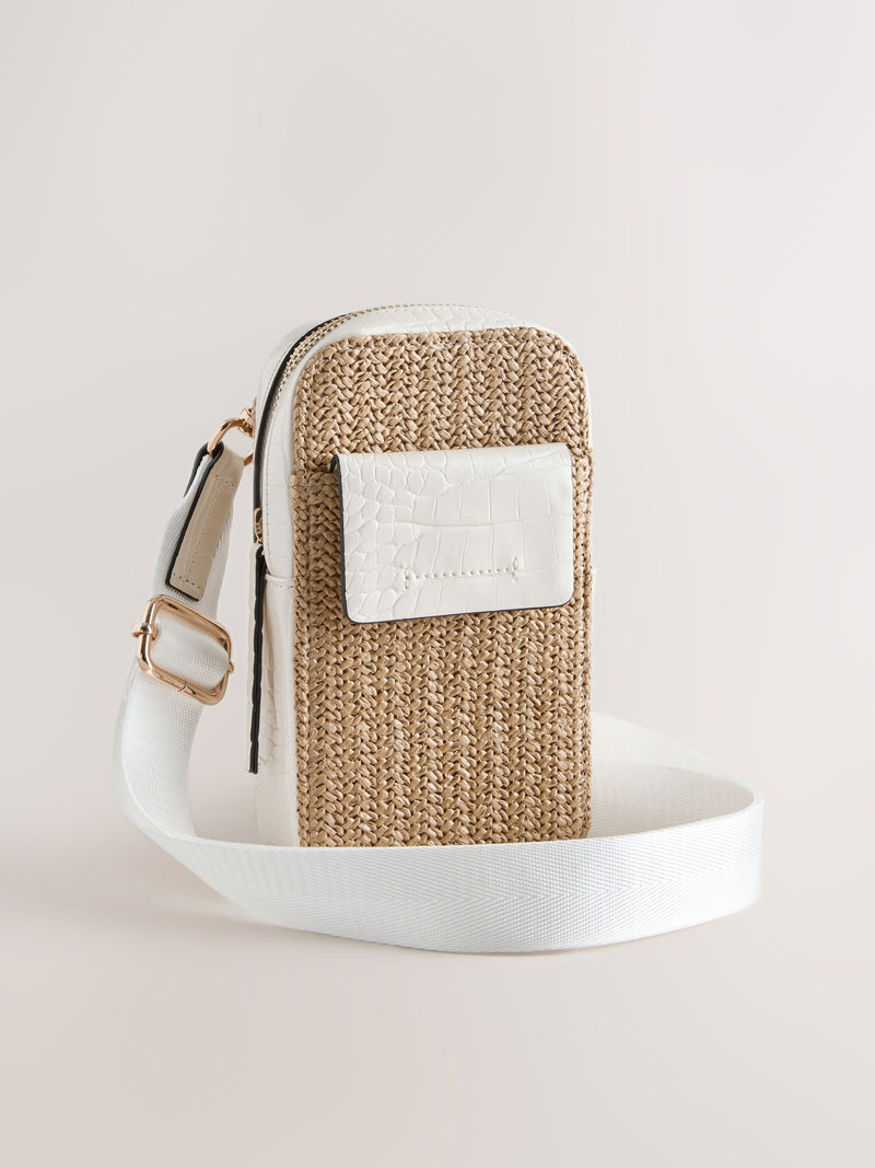 Raffia-effect phone bag with zip closure and adjustable strap, UK version