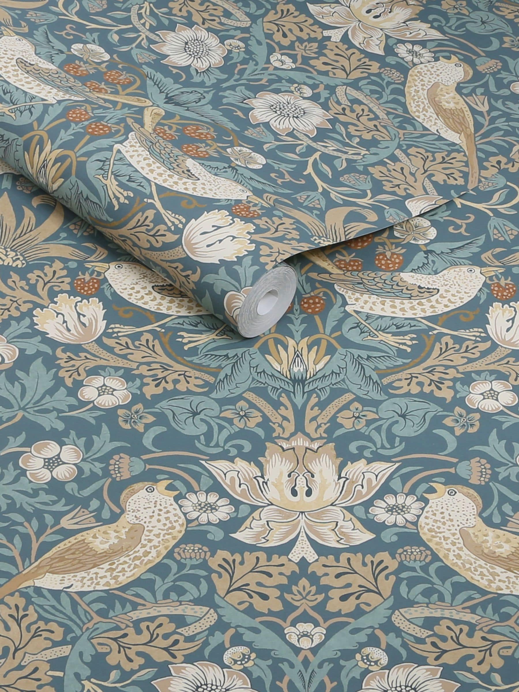 William Morris Strawberry Thief washed blue A4 wallpaper sample, UK version