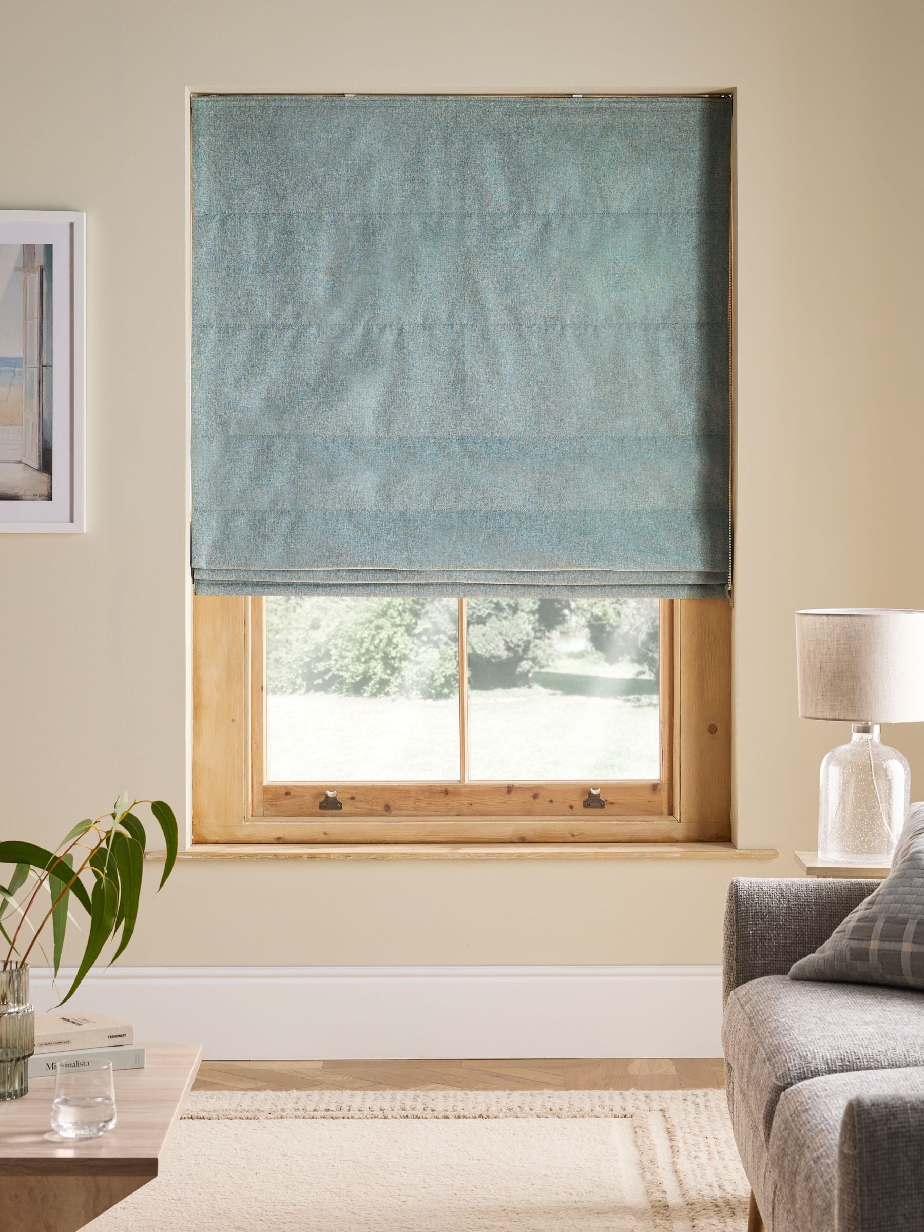 Blue soft marl Roman blind with blackout and thermal lining, imported from the UK
