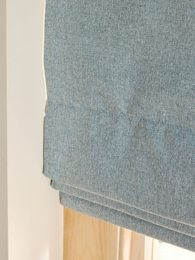 Blue soft marl Roman blind with blackout and thermal lining, imported from the UK