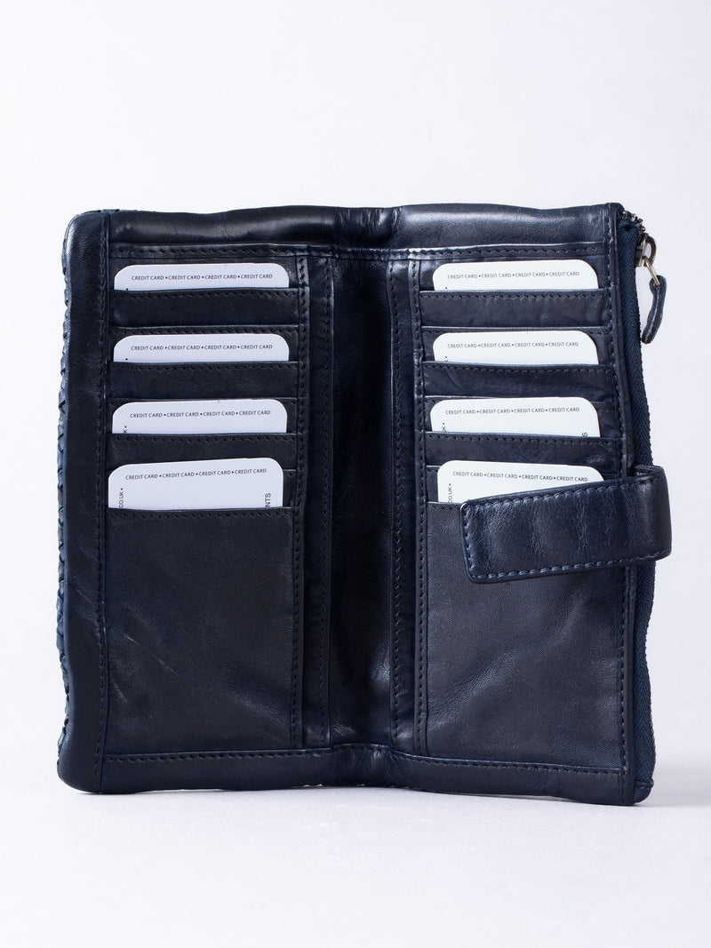 Lakeland Leather blue large Wreay tab purse, imported from the UK