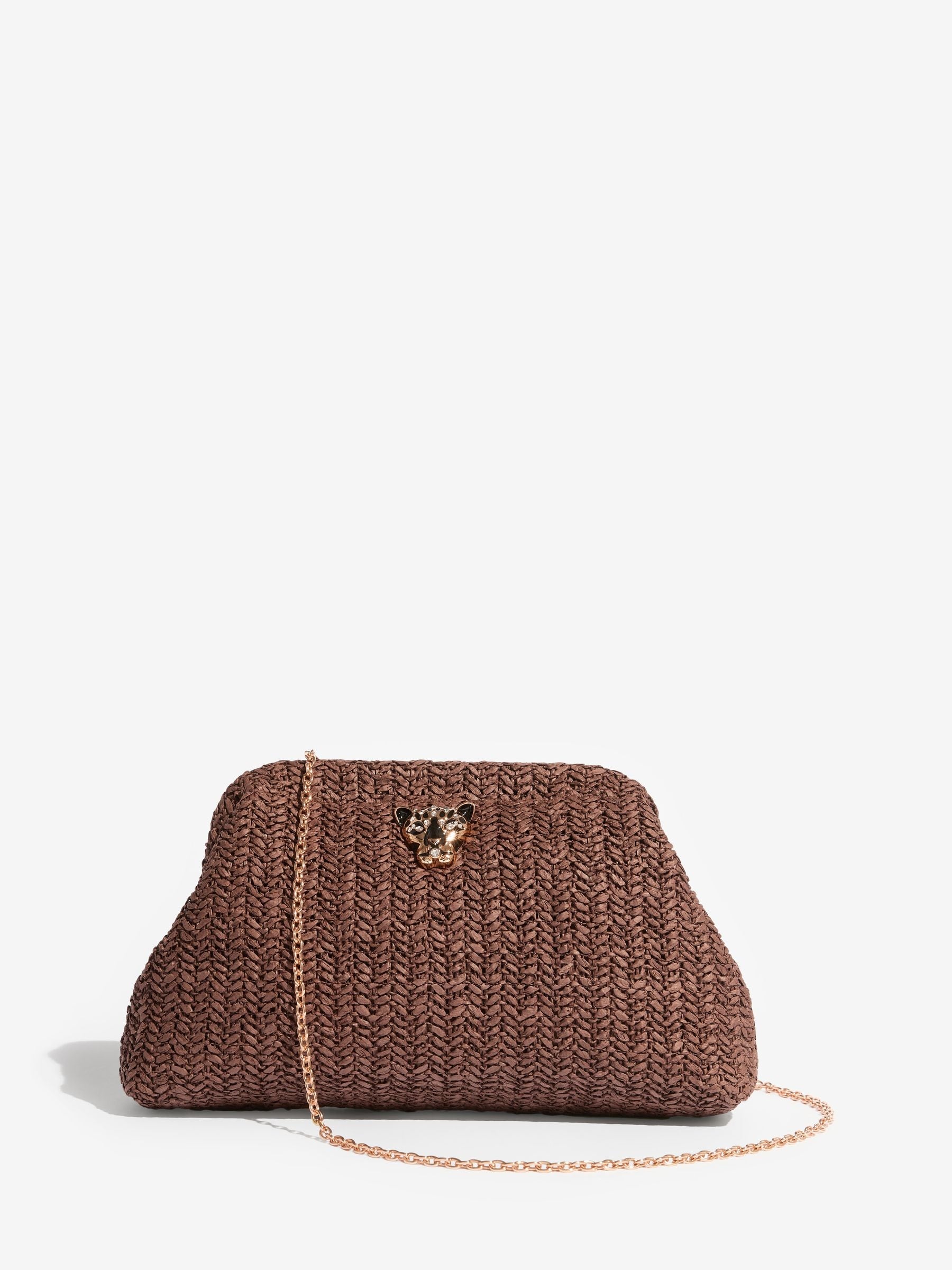 Lipsy natural raffia brown clutch bag with chain strap - British product