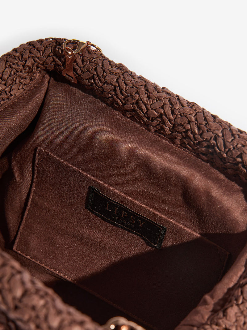 Lipsy natural raffia brown clutch bag with chain strap - British product
