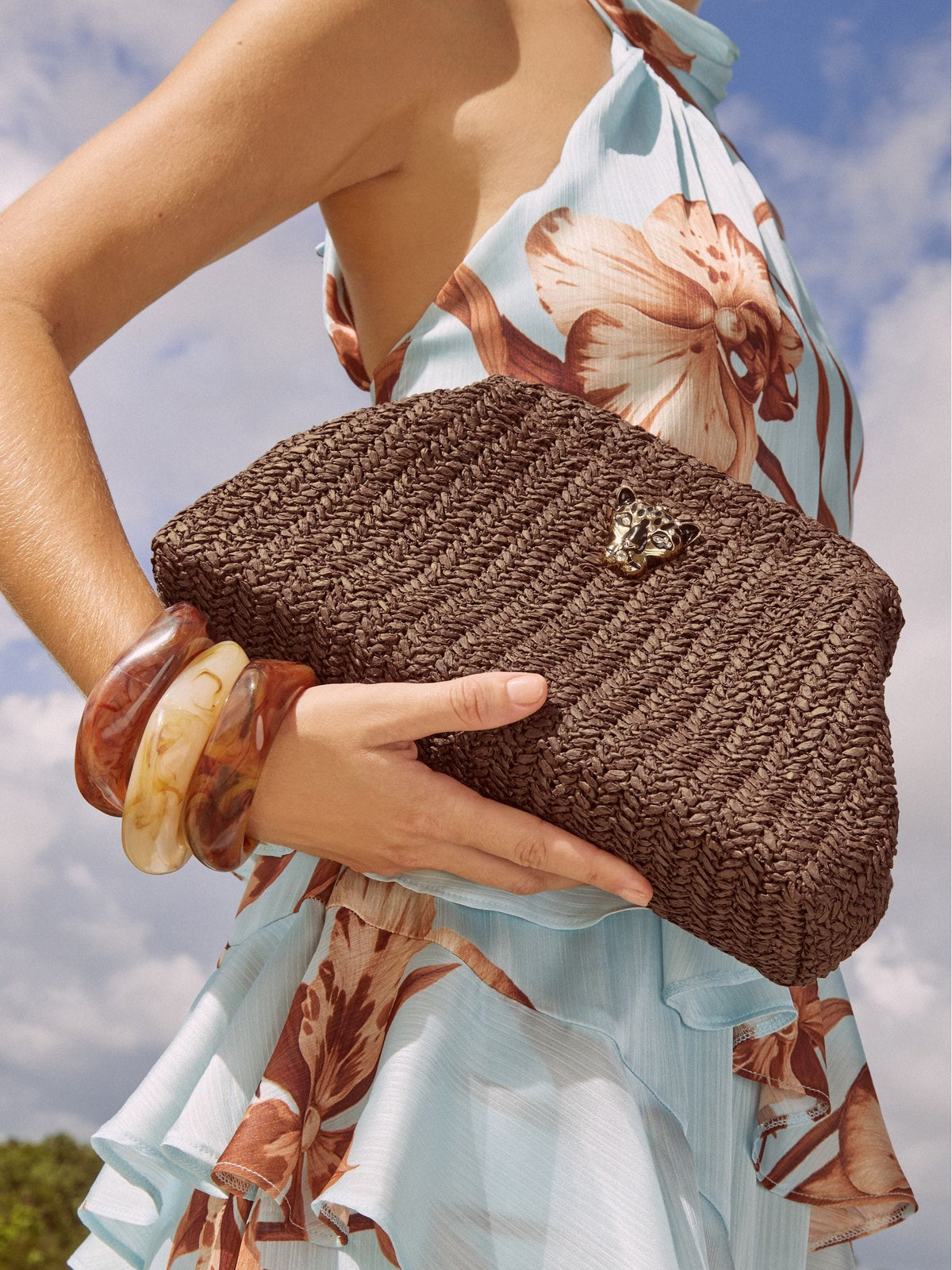 Lipsy natural raffia brown clutch bag with chain strap - British product