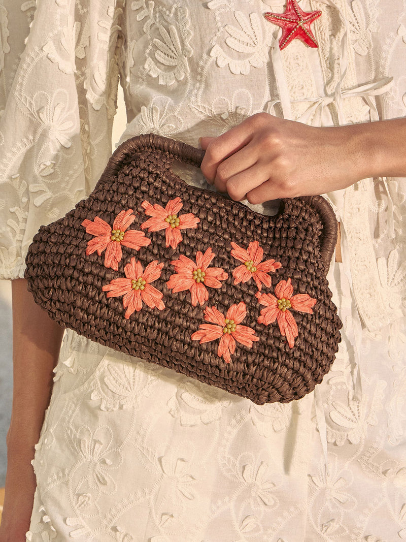 Love & Roses chocolate brown floral raffia top handle clutch bag - British product