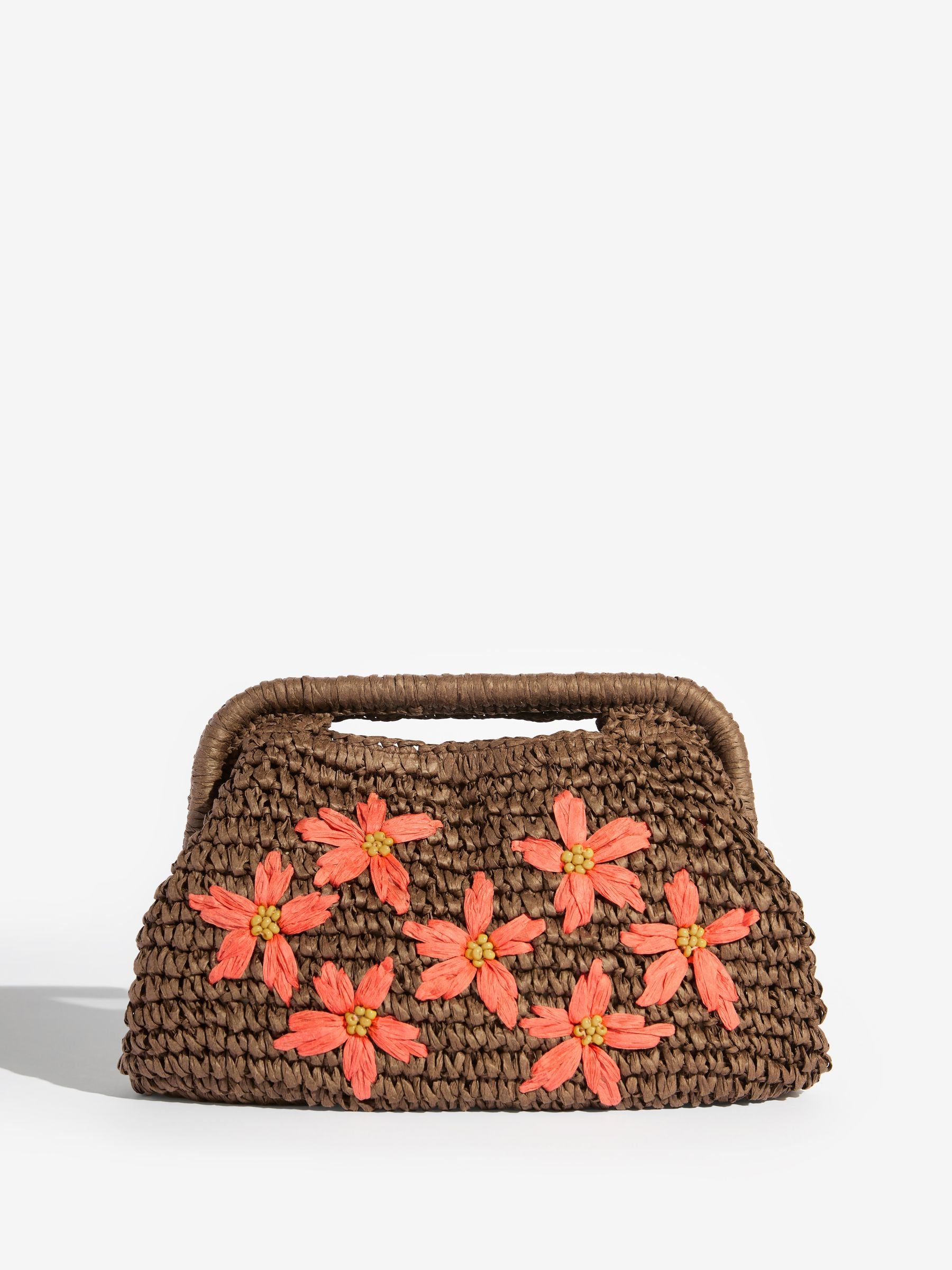 Love & Roses chocolate brown floral raffia top handle clutch bag - British product