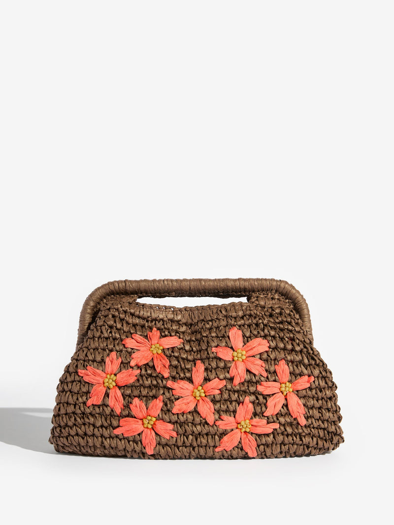 Love & Roses chocolate brown floral raffia top handle clutch bag - British product