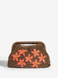 Love & Roses chocolate brown floral raffia top handle clutch bag - British product