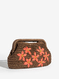 Love & Roses chocolate brown floral raffia top handle clutch bag - British product