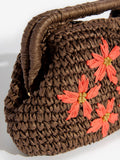 Love & Roses chocolate brown floral raffia top handle clutch bag - British product