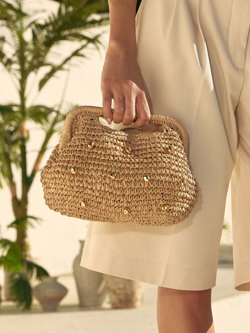 Love & Roses Natural Beaded Raffia Top Handle Clutch Bag